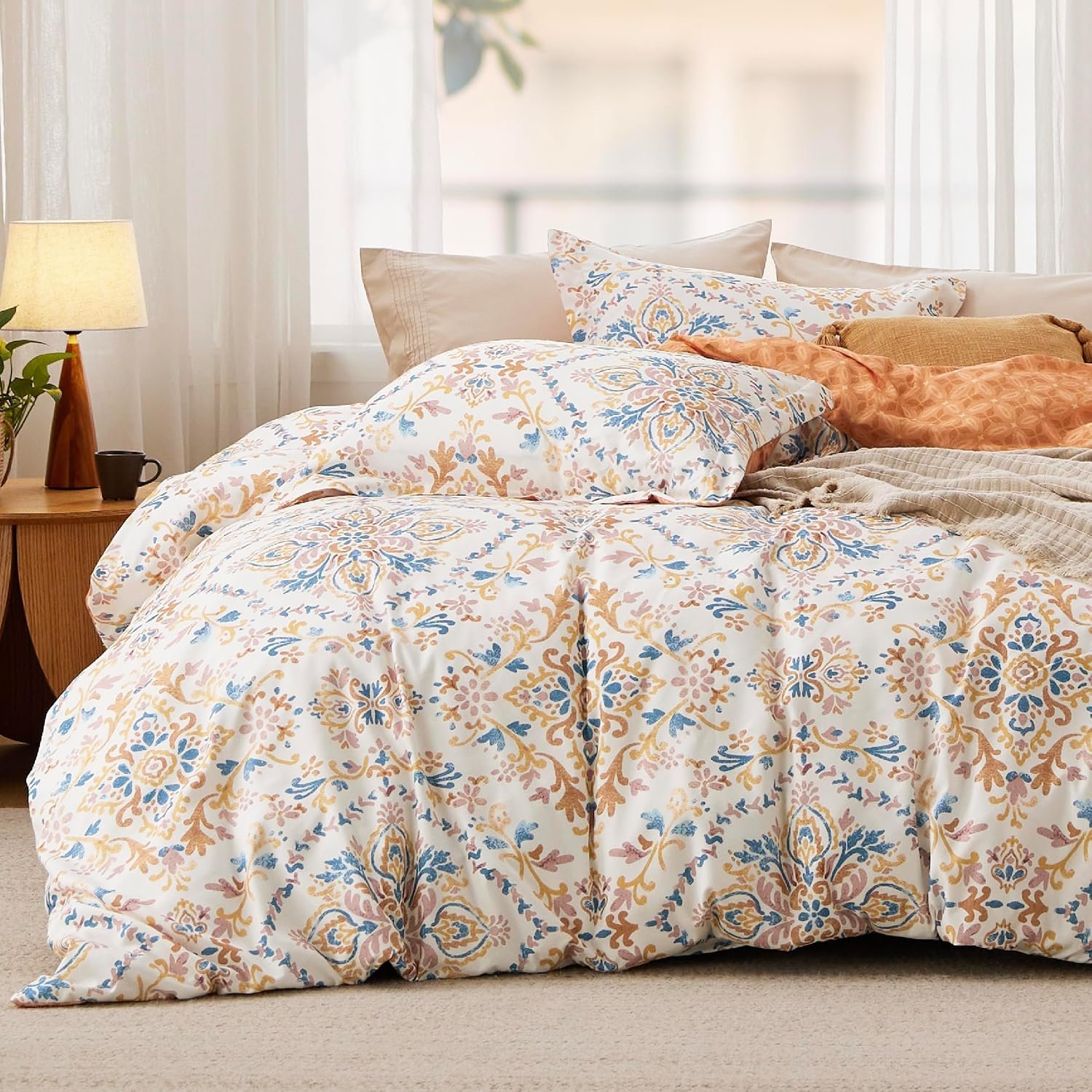Bedsure Duvet Cover Queen Size – Reversible Floral Duvet Cover Set with Zipper Closure, 3 Pieces Bohemian Orange Bedding Set with 8 Corner Ties and 2 Pillow Shams 20″x26″