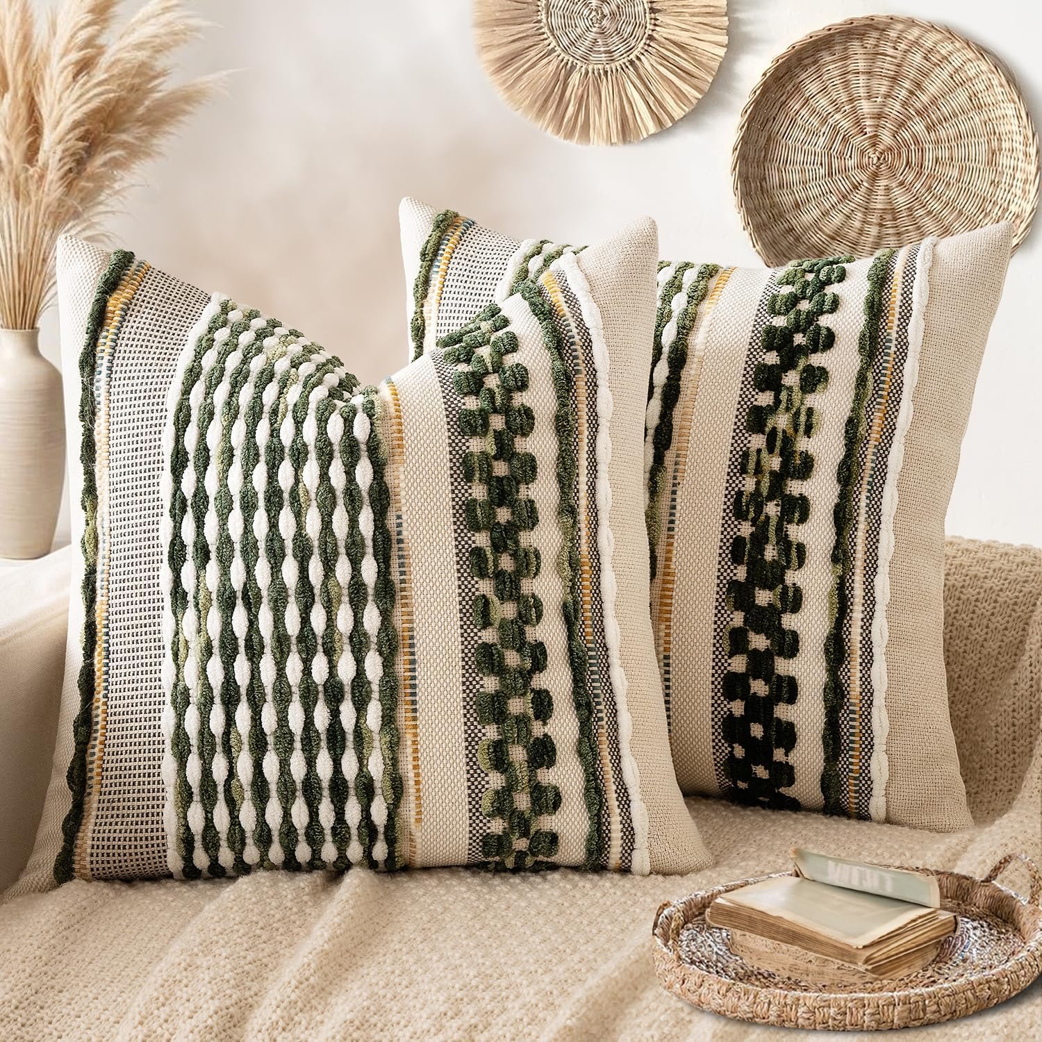 ANRODUO Boho Decorative Pillow Covers Olive Green Stripe 18×18 Pack of 2 | Throw Pillow Covers, Farmhouse Cushion Case, Chenille Pillow Cases, Pillow Covers, Accent Neutral Pillowcase for Couch Bed