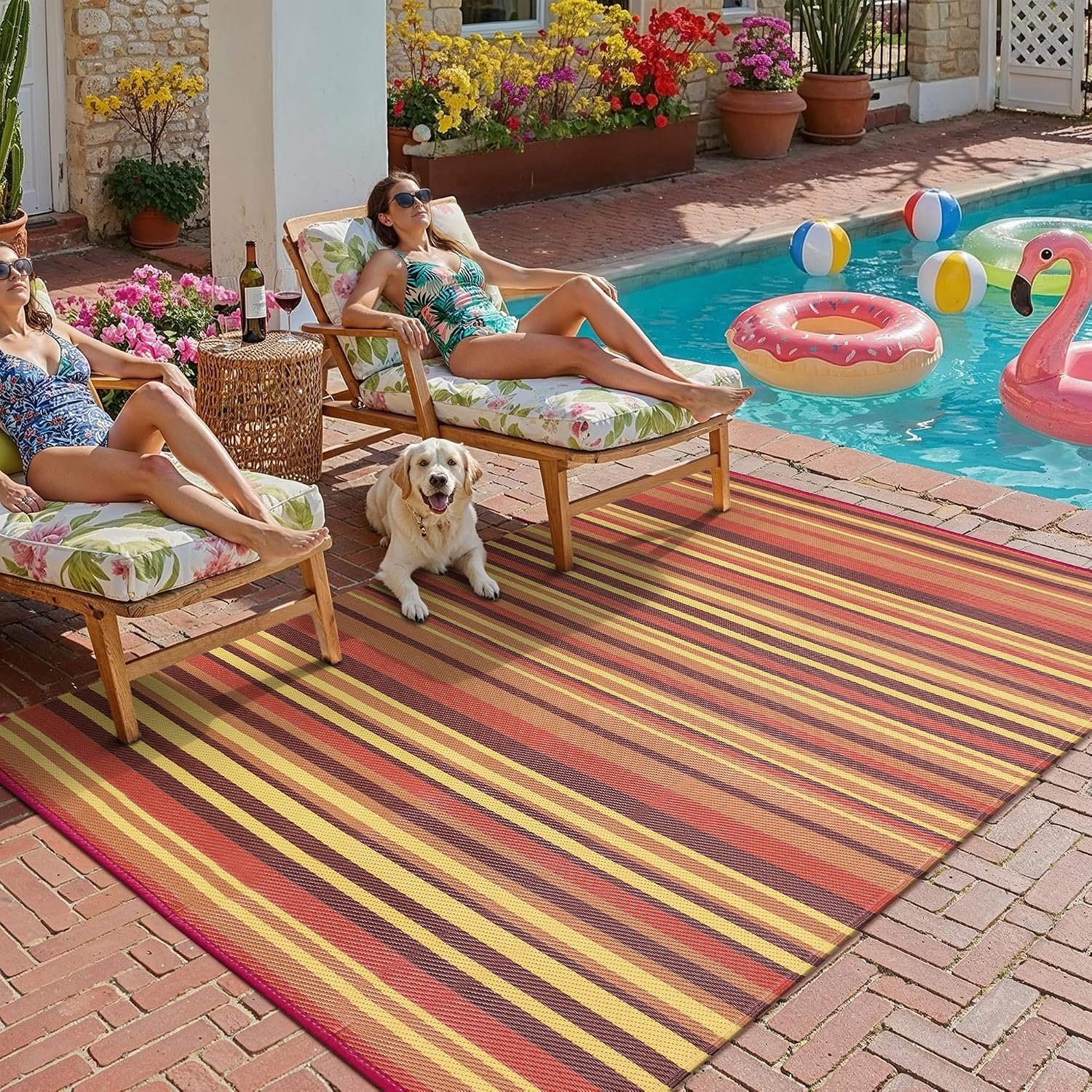Outdoor Plastic Straw Rug Waterproof Patio 5×8 Red Orange Stripe Mat for Porch Camping RV Balcony Deck Courtyard Reversible Lightweight Durable Portable Carpet