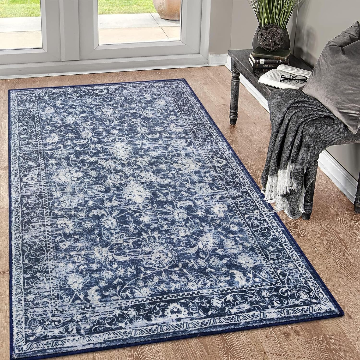 KILOCOCO Area Rug 3×5 Washable Entryway Rug Non Slip Blue Kitchen Rugs | Printed Indoor Rug, Non Skid Entry Rug, Low Pile Foyer Rugs, Soft Floral Small Entrance Rugs for Playroom Mudroom Living Room
