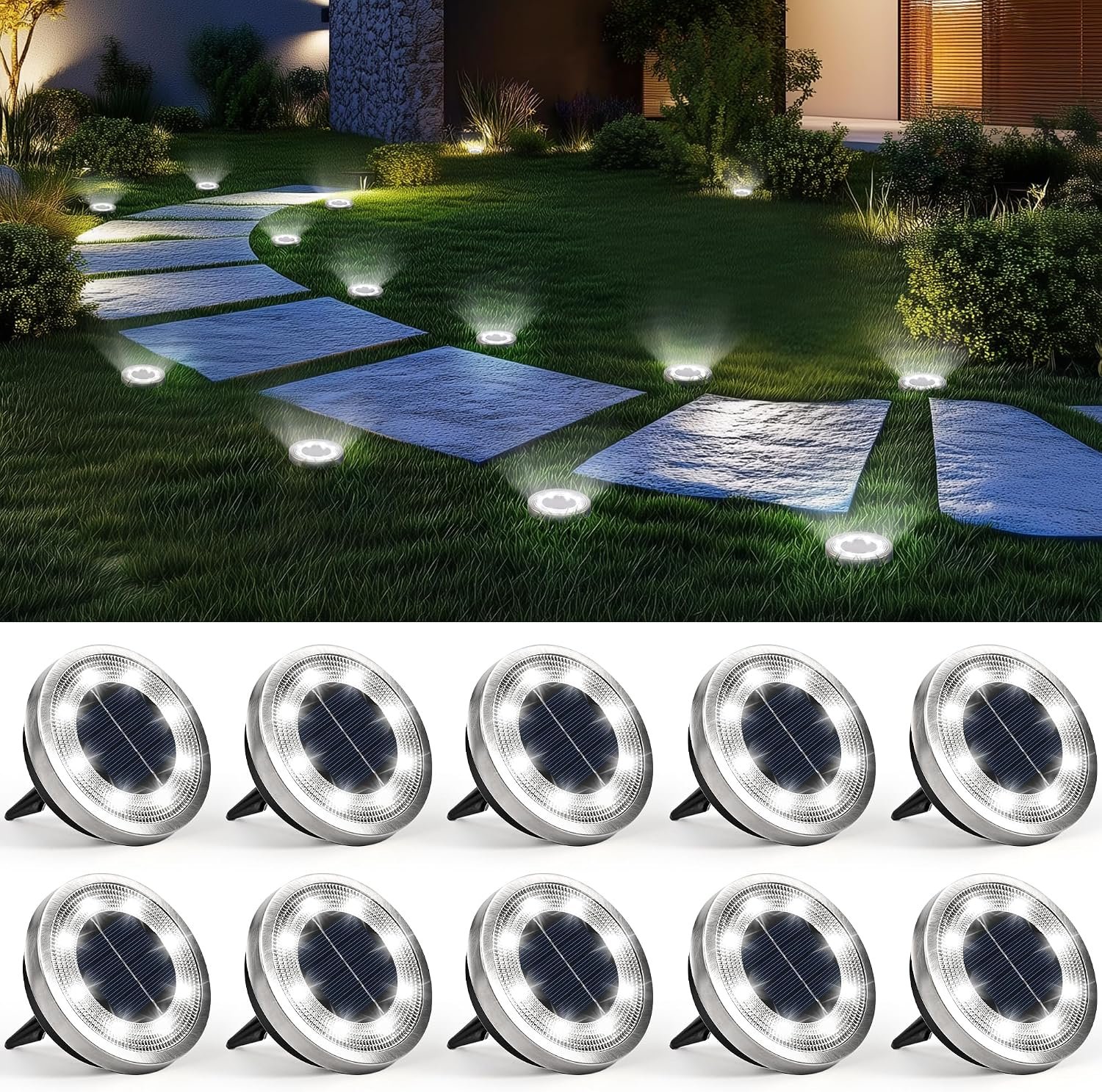 SOLPEX 10 Pack Solar Ground Lights Outdoor, Backyard Decor Cool White | IP65 Waterproof Stainless Steel Landscape Lighting for Walkway, Driveway, Pathway, Garden, Patio