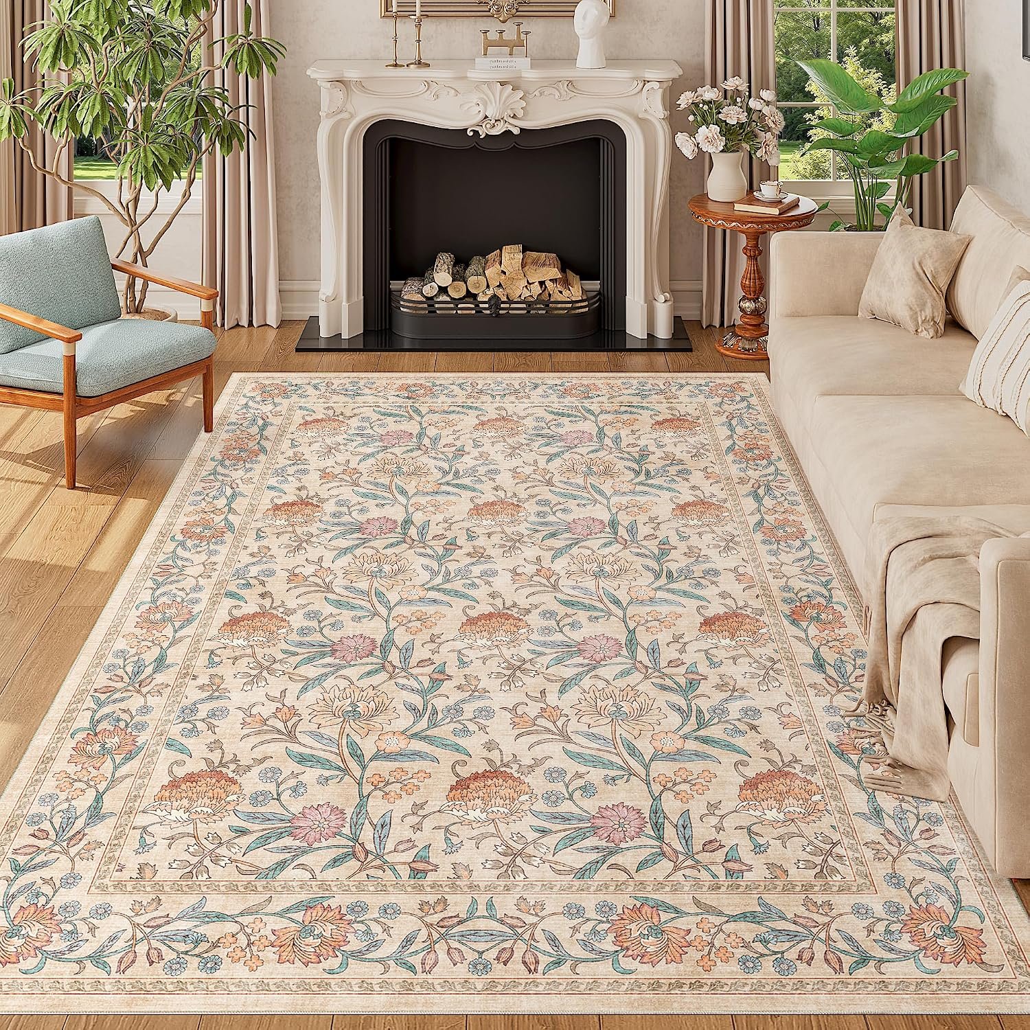 DUKINO 5×7 Area Rugs, Vintage Floral Washable Rug for Living Room, Beige | Non Slip, Low Pile, Non-Shedding, Stain Resistant Lightweight Boho Soft Carpet for Bedroom Home Office Dining Room Farmhouse
