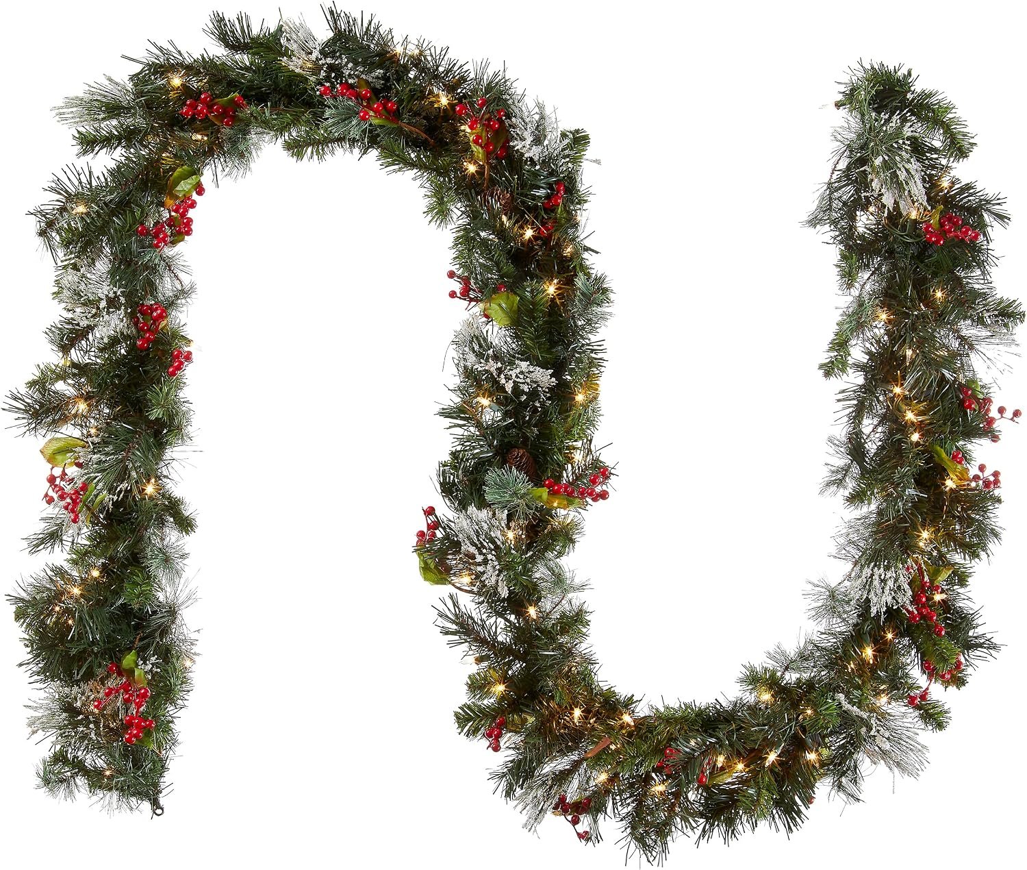 National Tree Company 9ft Pre-Lit Wintry Pine Flocked Christmas Garland | 100 Clear Lights, 184 Tips, Artificial Christmas Decoration With Pinecones, Red Berries, Green