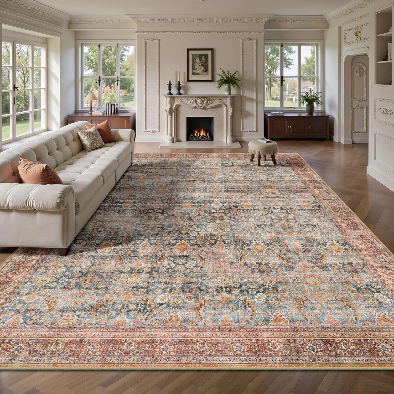 8×10 Area Rugs for Living Room – Washable Vintage Retro Large Rug, Soft Ultra Thin Non Slip Low Pile Traditional Distressed Boho Carpet for Bedroom Dining Room Home Office, Rust Clay