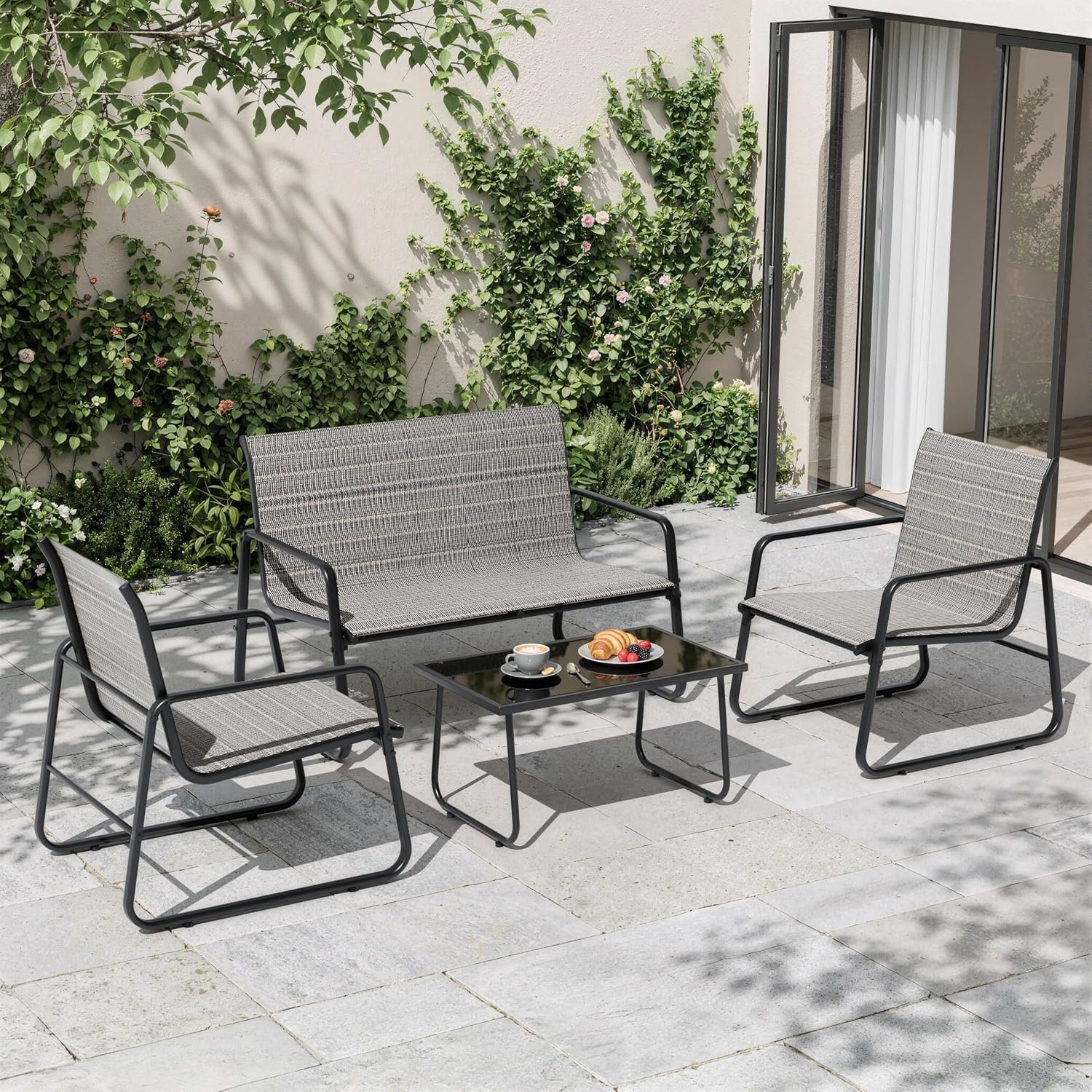 4-Piece Outdoor Patio Furniture Set,Textilene Conversation Set | All-Weather Textilene Furniture Set with Adjustable Legs and Glass Coffee Table for Patio, Balcony, Garden, Lawn, Brown