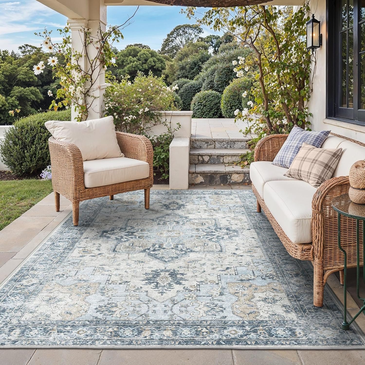 GENIMO 5×8 Outdoor Rug, Washable for Patio and Deck, Blue | Vintage boho medallion design for porch; fade resistant chenille with quick-dry non-slip backing for indoor sunroom.