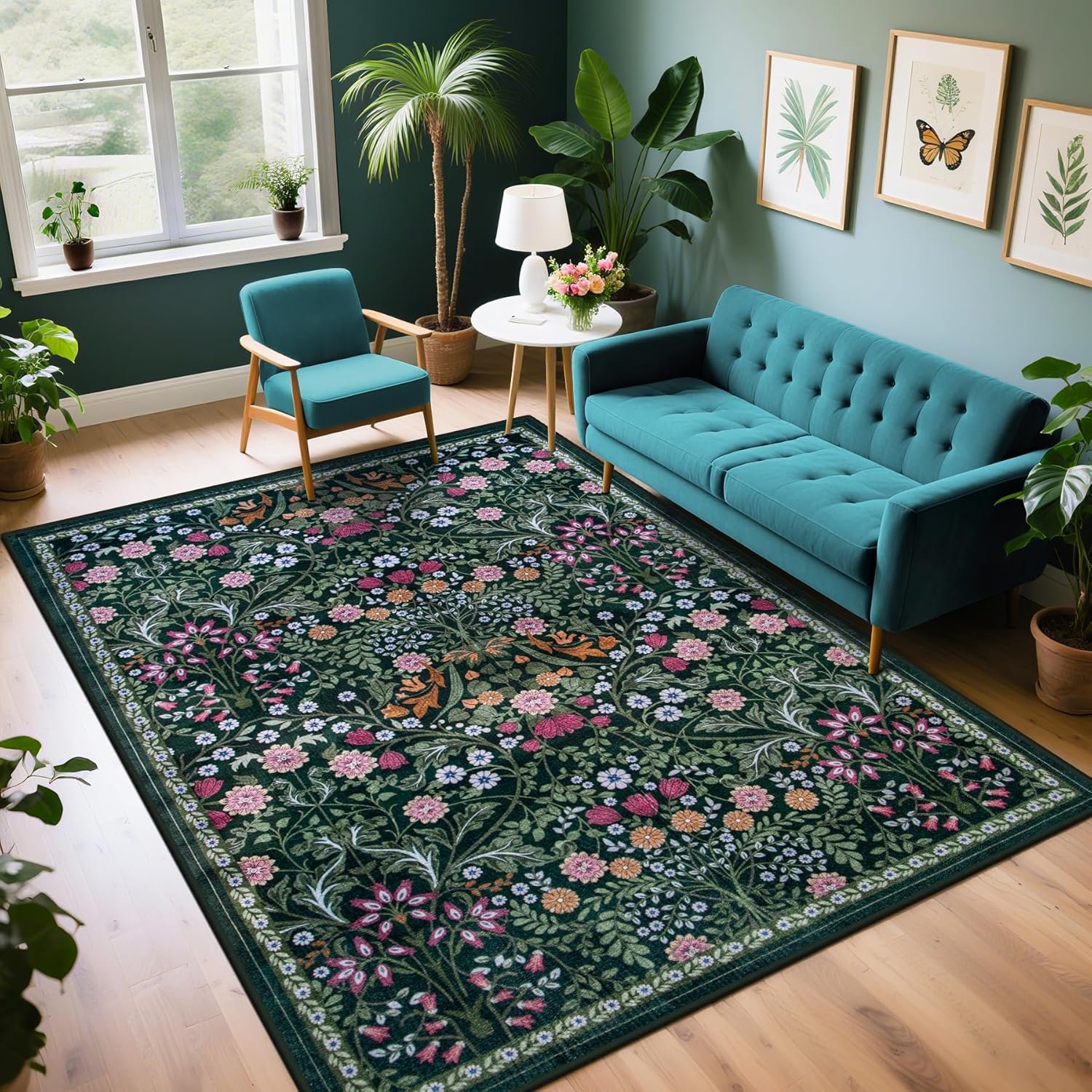 PLHXFR Area Rug Living Room: 5×7 Floral Washable Boho Carpet Dark Green | For Bedroom Dining Room Farmhouse Nursery Hallway,Vintage Floral,Machine washable,Non Slip,Stain Resistant,Large Indoor