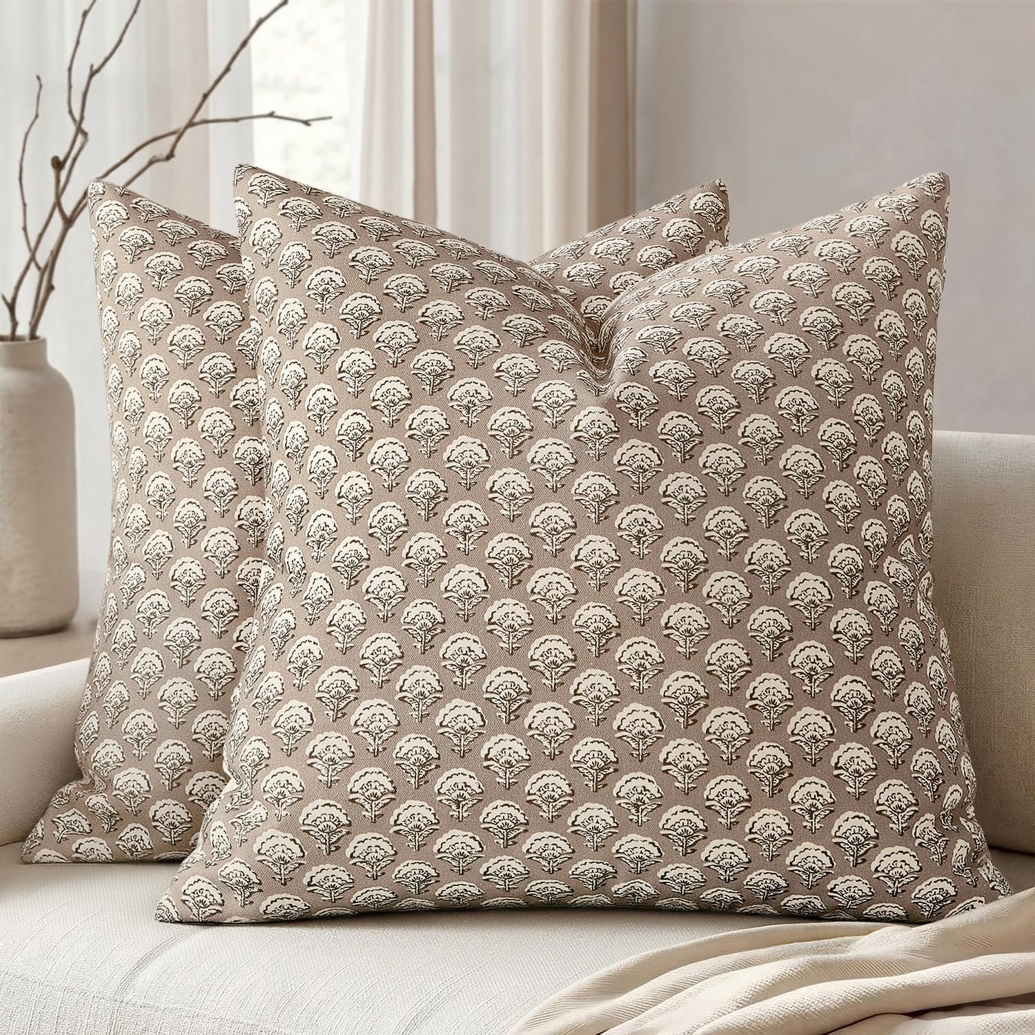 MIULEE Floral Print Decorative Pillow Covers 20×20, Light Taupe | Vintage Boho Farmhouse Modern Home Decor, Set of 2, Block Print Cushion Covers for Couch Sofa Bed Living Room