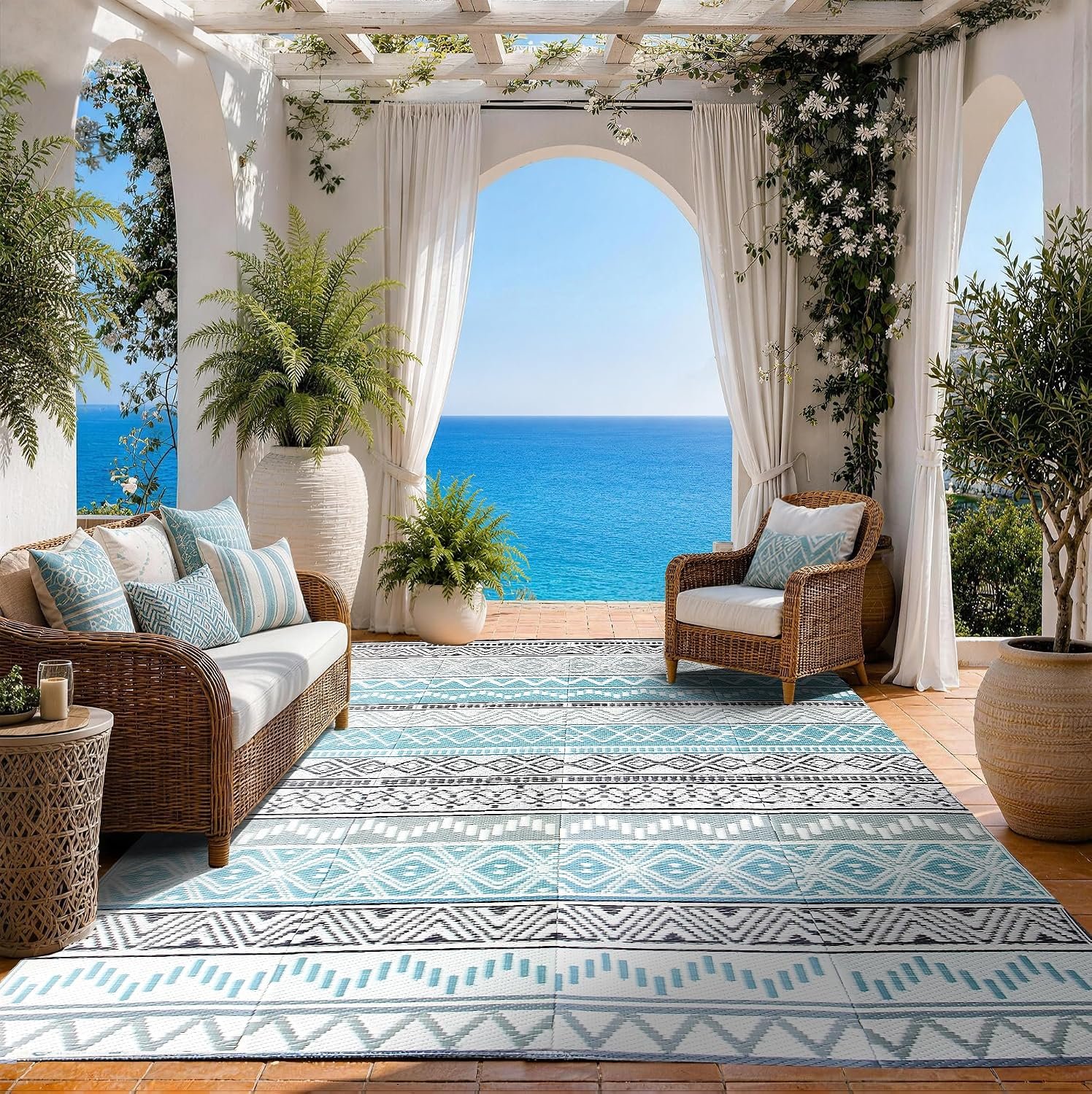Outdoor Rug 8 x10 ft, Plastic Rug for Patio, Blue & Grey | Waterproof, Reversible, Large Outdoor Carpet for RV, Patio, Camping, Backyard, Deck, Picnic, Beach