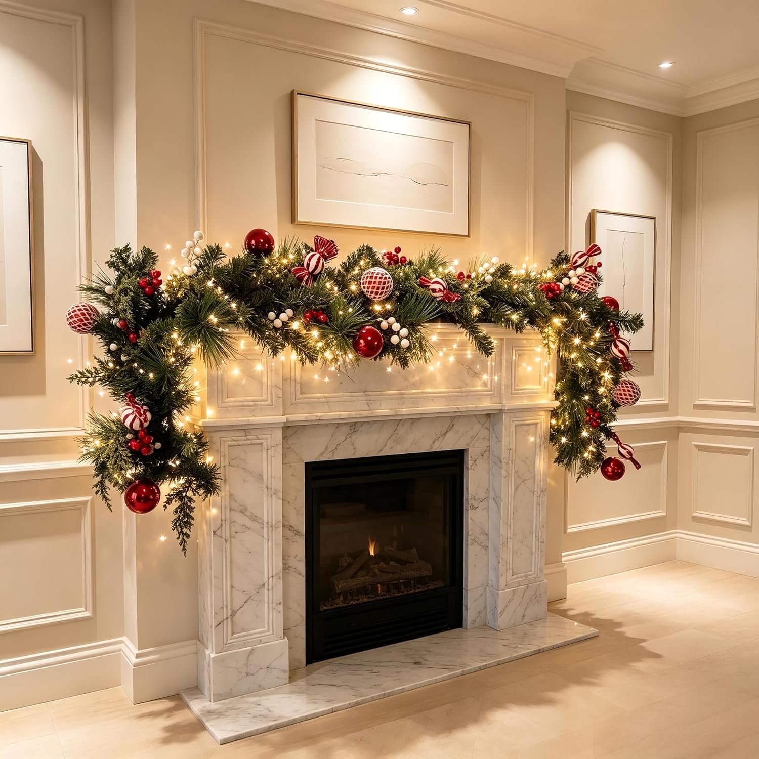 HipTree 6FT Lighted Christmas Garland with Lights String,Red White | Candy Cane Shatterproof Ball Ornament Garland with Berries for Mantel Fireplace Staircase Indoor Outdoor Winter Holiday Decor