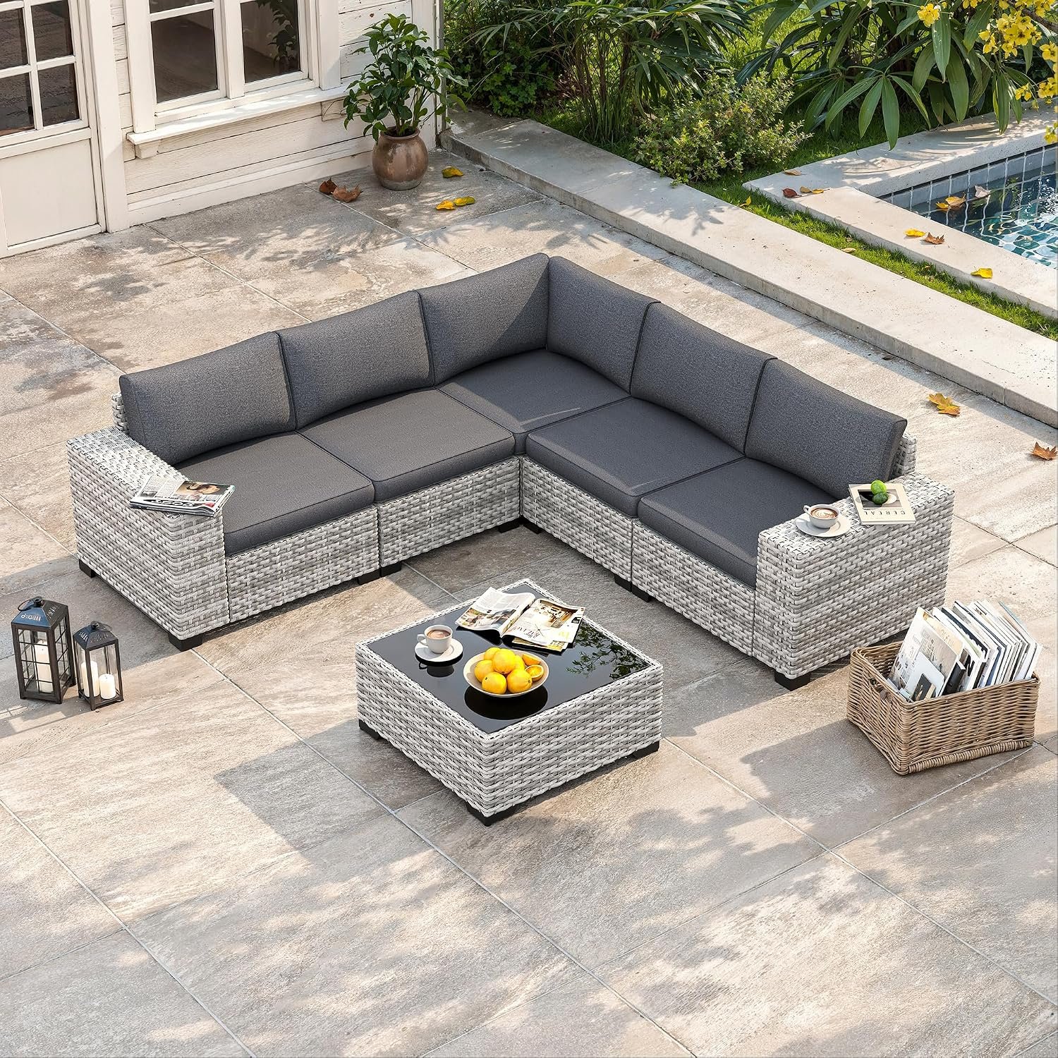 6 Piece Outdoor Wicker Patio Furniture Set Rattan Outdoor Sectional Sofa | Patio Sectional with 4″ Thickened Cushions & Coffee Table, All-Weather Rattan for Garden, Backyard, Porch, Charcoal Gray