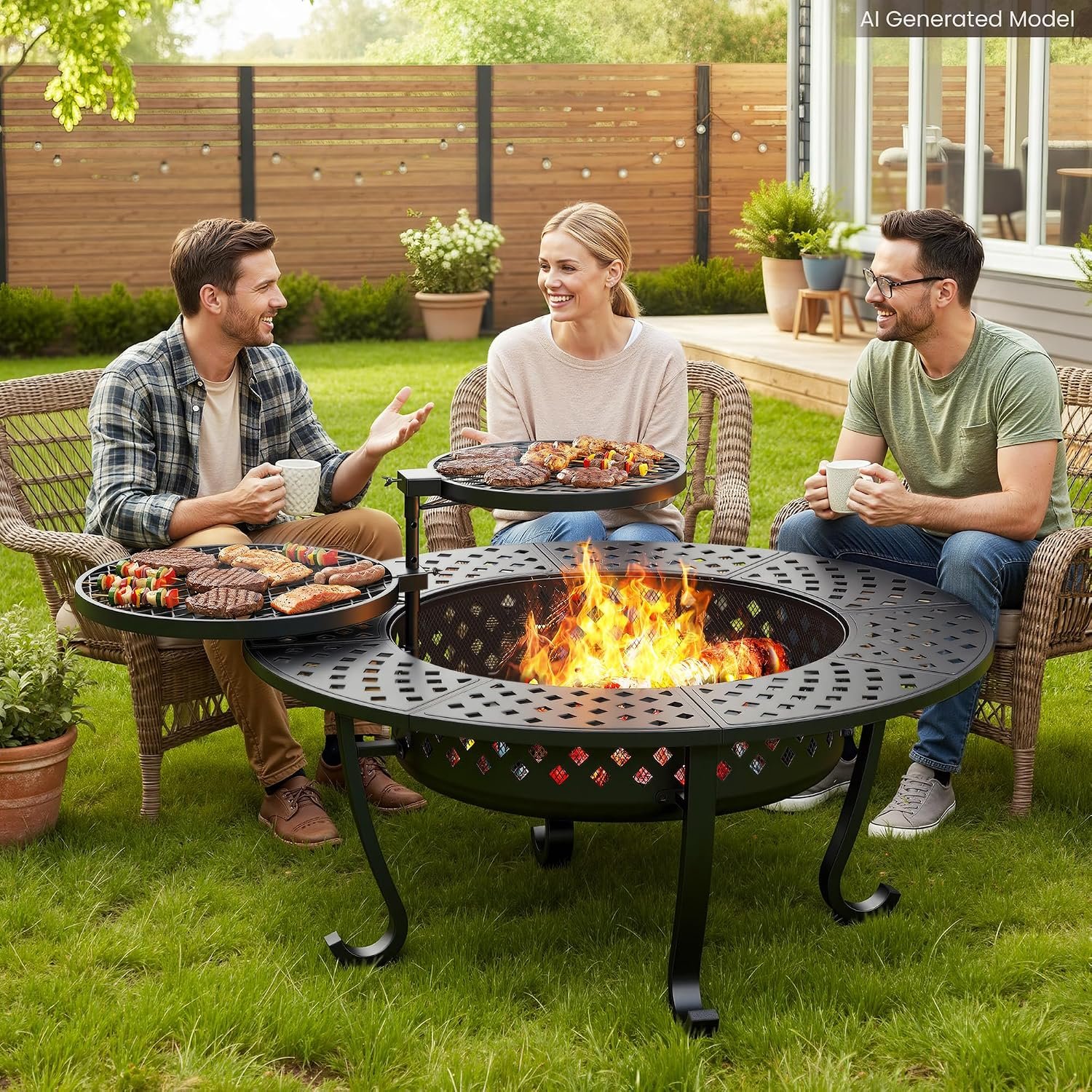 3 in 1 43″ Large Fire Pit for Outside Wood Burning with 2 Adjustable Grills | Outdoor Fireplace with Lid and Fire Poker, Firepit with BBQ & Bonfire & Round Metal Table for Patio, Backyard, Deck, Yard