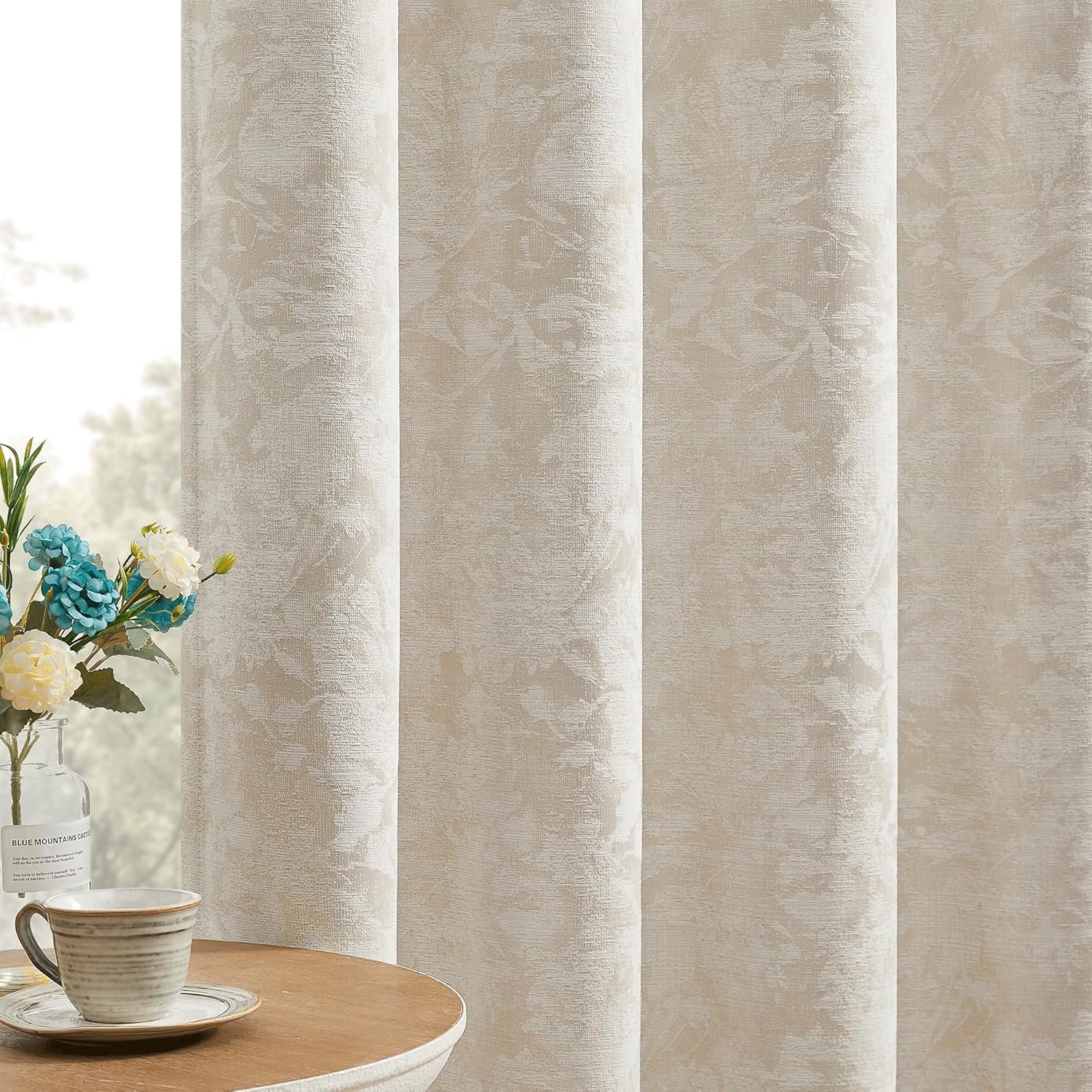 Beauoop Beige Floral Jacquard Blackout Curtains for Bedroom 52×84 2 Panels | Flower Chenille Room Darkening Drapes for Living Room 84 Inch Long Thermal Insulated Soundproof Window treatment Grommet