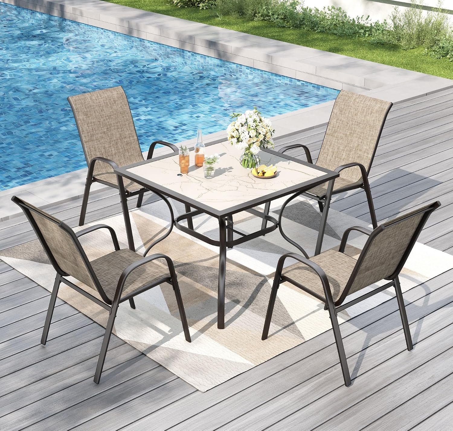PHI VILLA Patio Dining Set for 4, Stackable Chairs & Carbon Crystal Table | Textilene mesh chairs & 37” Square Table. E-coated metal frame for outdoor, deck, lawn, garden. Rust-resistant, easy-clean