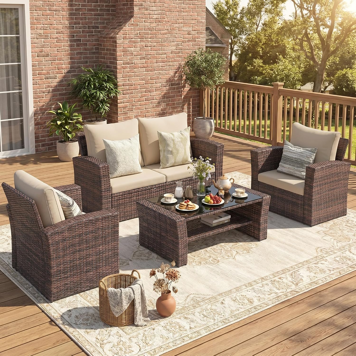 Wisteria Lane 4 Piece Patio Furniture Set, Wicker Outdoor Patio Conversation Furniture Set, All Weather Outdoor Patio Sofa with Cushion and Wood Table, Brown and Beige