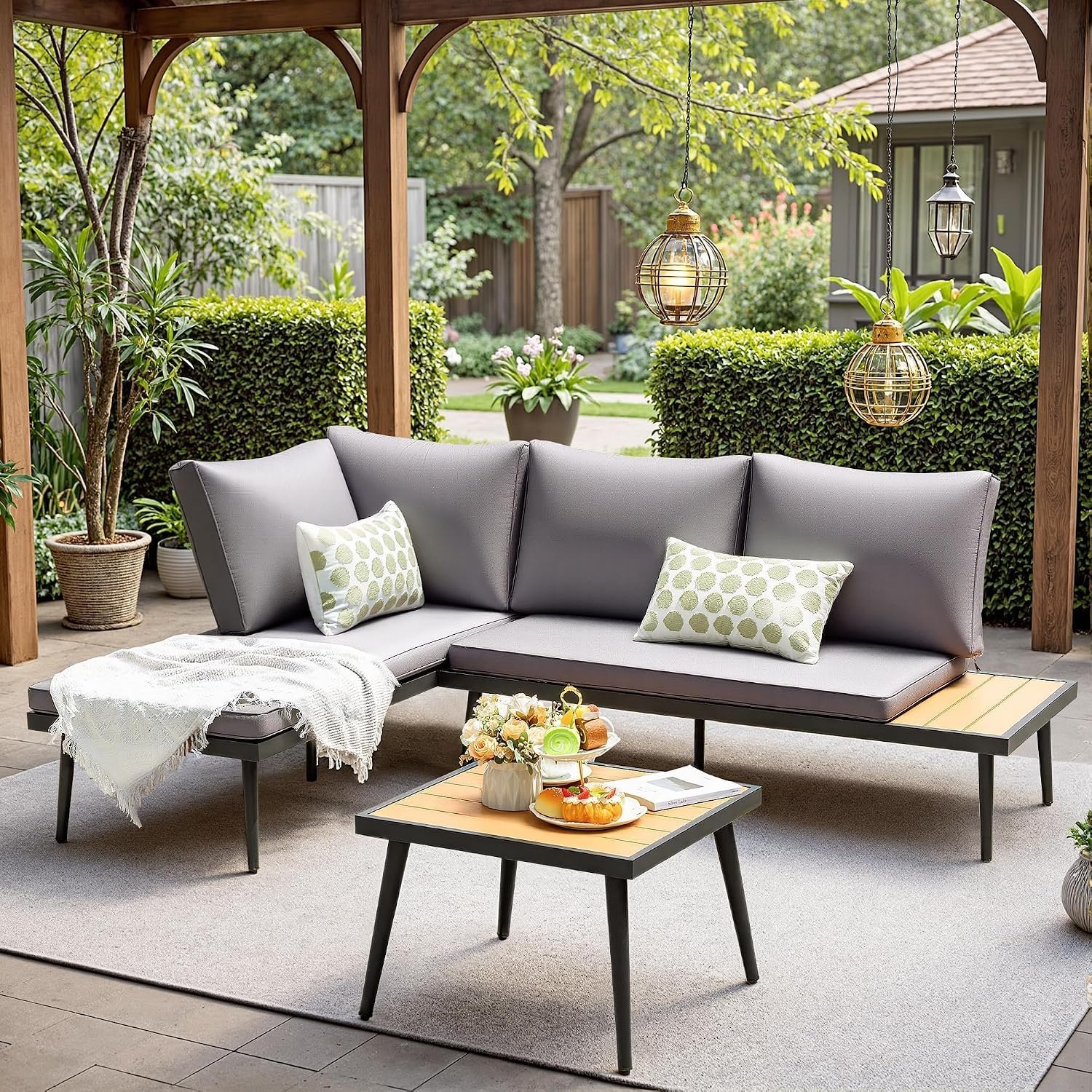 Devoko L-Shaped Small Sectional Outdoor Coach wtih Acacia Wood,Gray | Patio Sectional Sofa with Extend Table Top for Cup Holder 75.5”L x 53.1”W