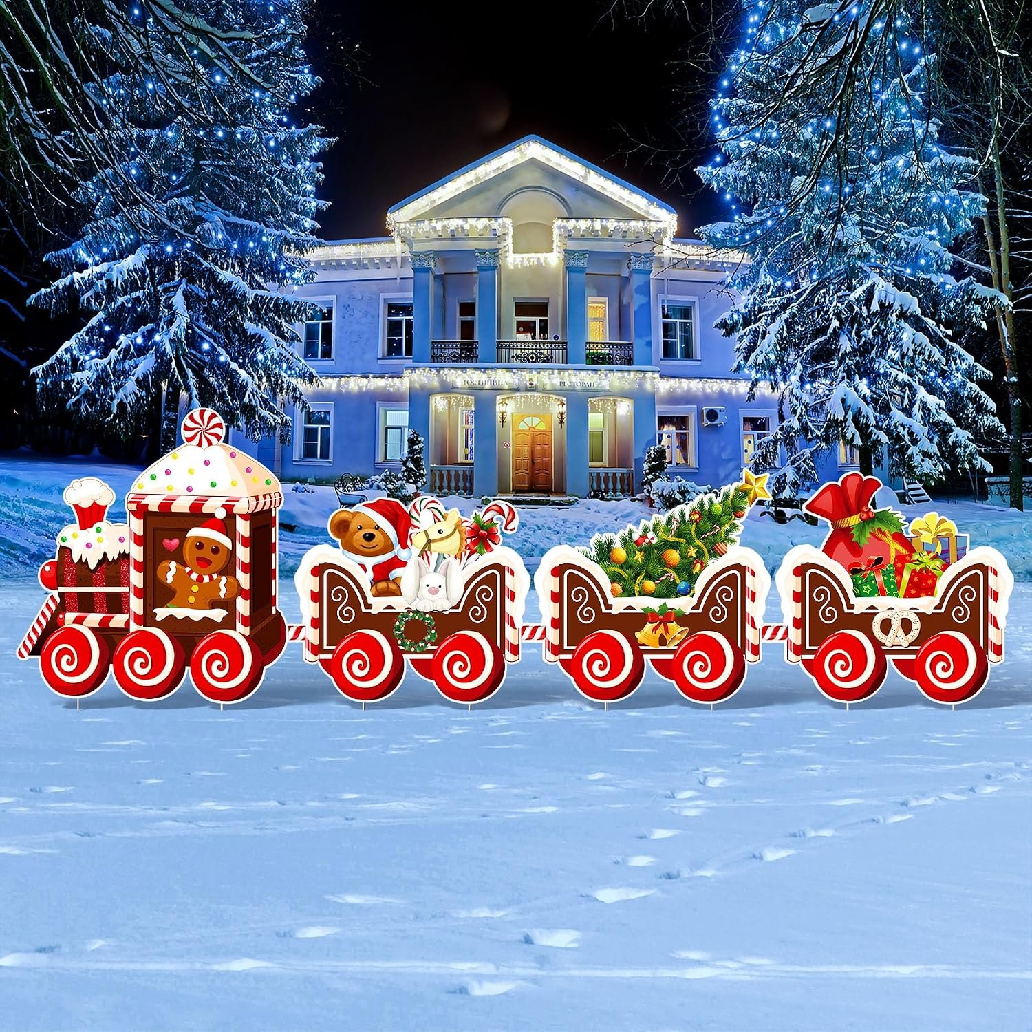 Marsui 4 Pieces Christmas Train Decorations Outdoor Yard Lawn Signs Christmas Tree Gingerbread Santa Snowman Reindeer Train with 8 Stakes for Xmas Holiday Outside Garden Lawn Yard Decor