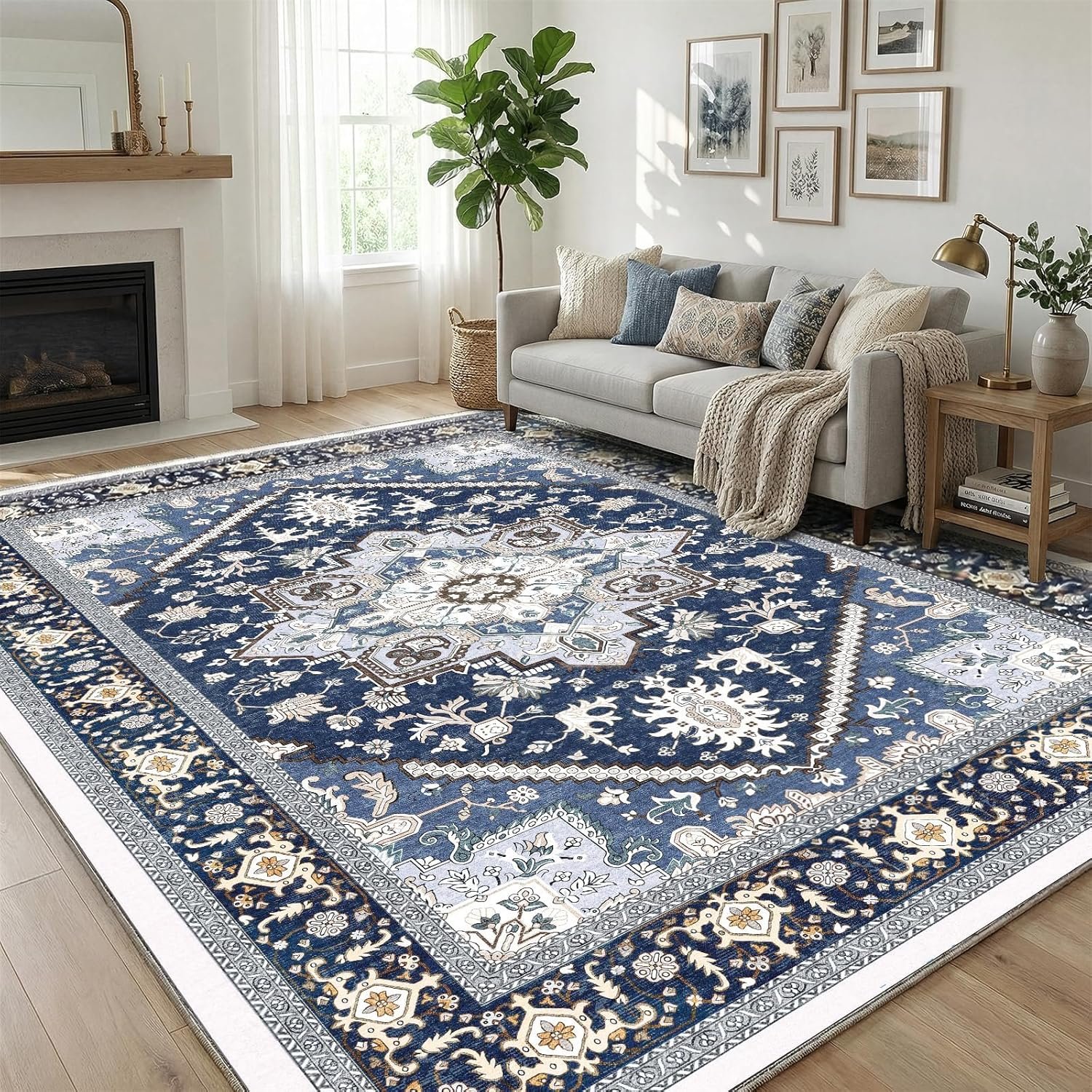 OPPODREAM Soft Area Rugs 8×10, Persian-Inspired Washable Rug, Blue & Gold | Low-Pile Faux Cashmere Surface, TPR Non-Slip Backing, 8 x 10 Carpet for Bedroom, Office, Dorm, Dining Room