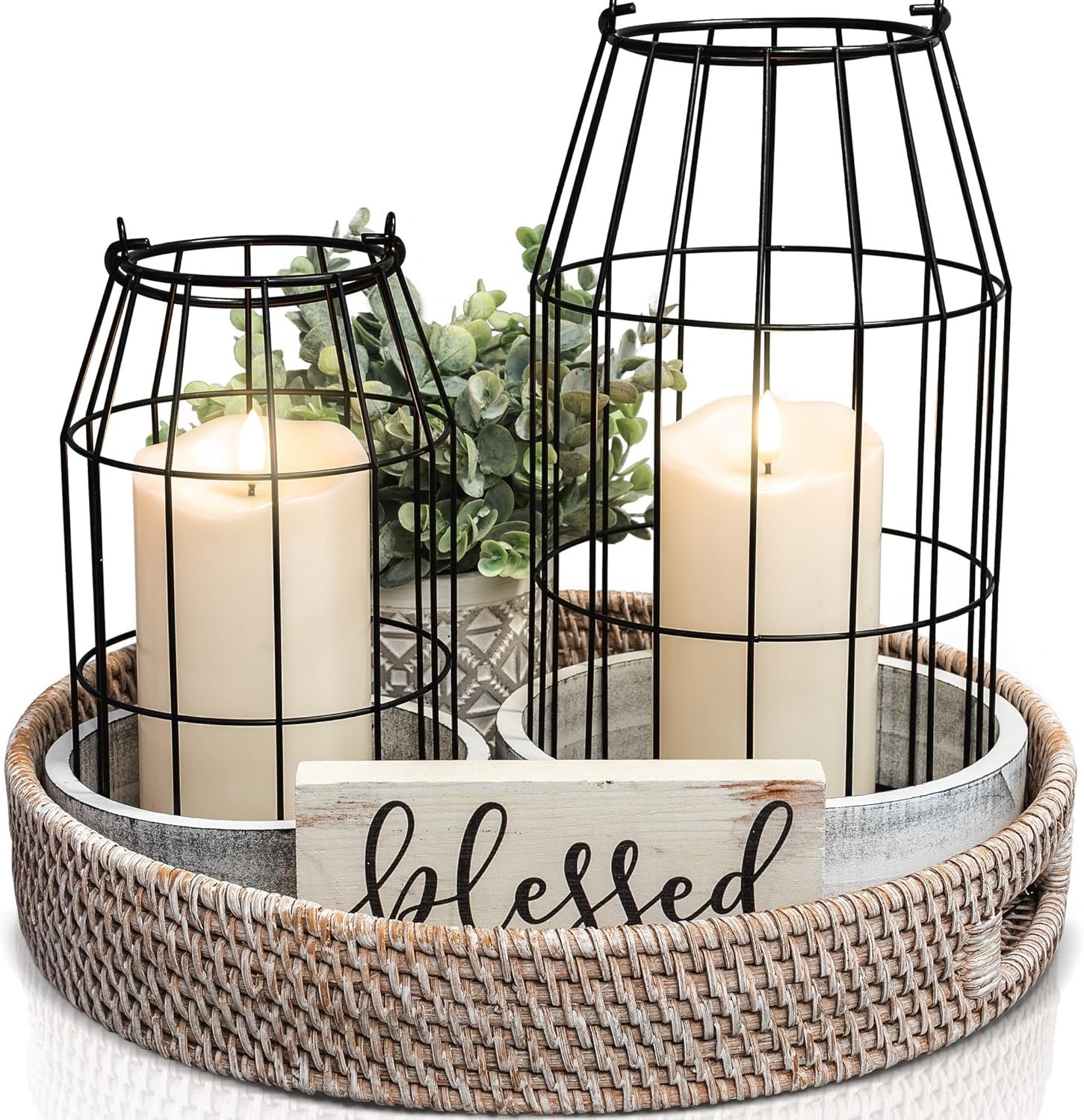 Rustic Farmhouse Lantern Decor Set of 2 – Stylish Decorative Lanterns for Your Living Room, Patio & Porch or Kitchen Dining Table – Modern Indoor/Outdoor Coffee Table Decor for Your Entire Home