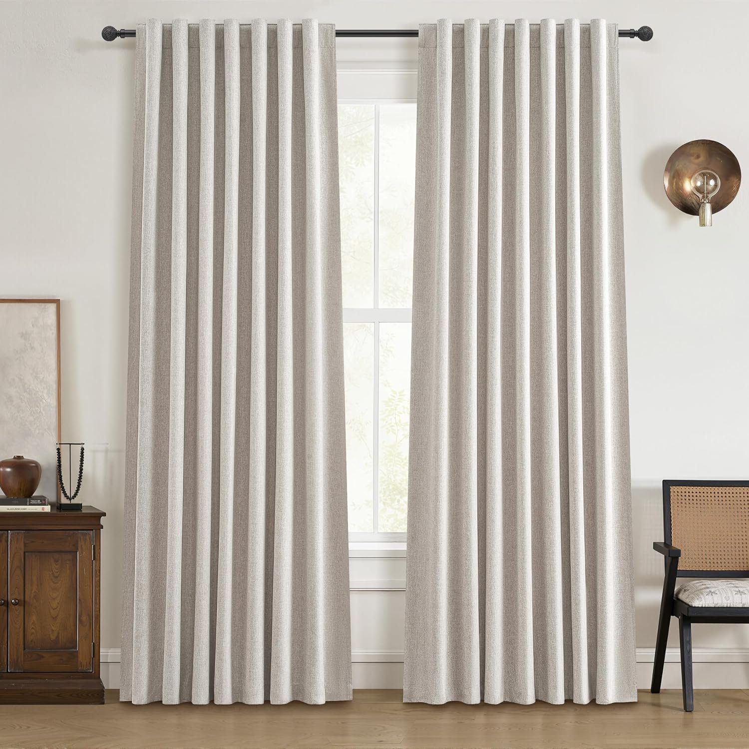 100% Blackout Curtains 84 Inch Length 2 Panels Set Farmhouse Style for Bedroom Windows/Living Room Thermal Insulated Neutral Boho Drapes Linen Blend Natural Ivory 7ft Long Hook Belt Pleated/Back Tab