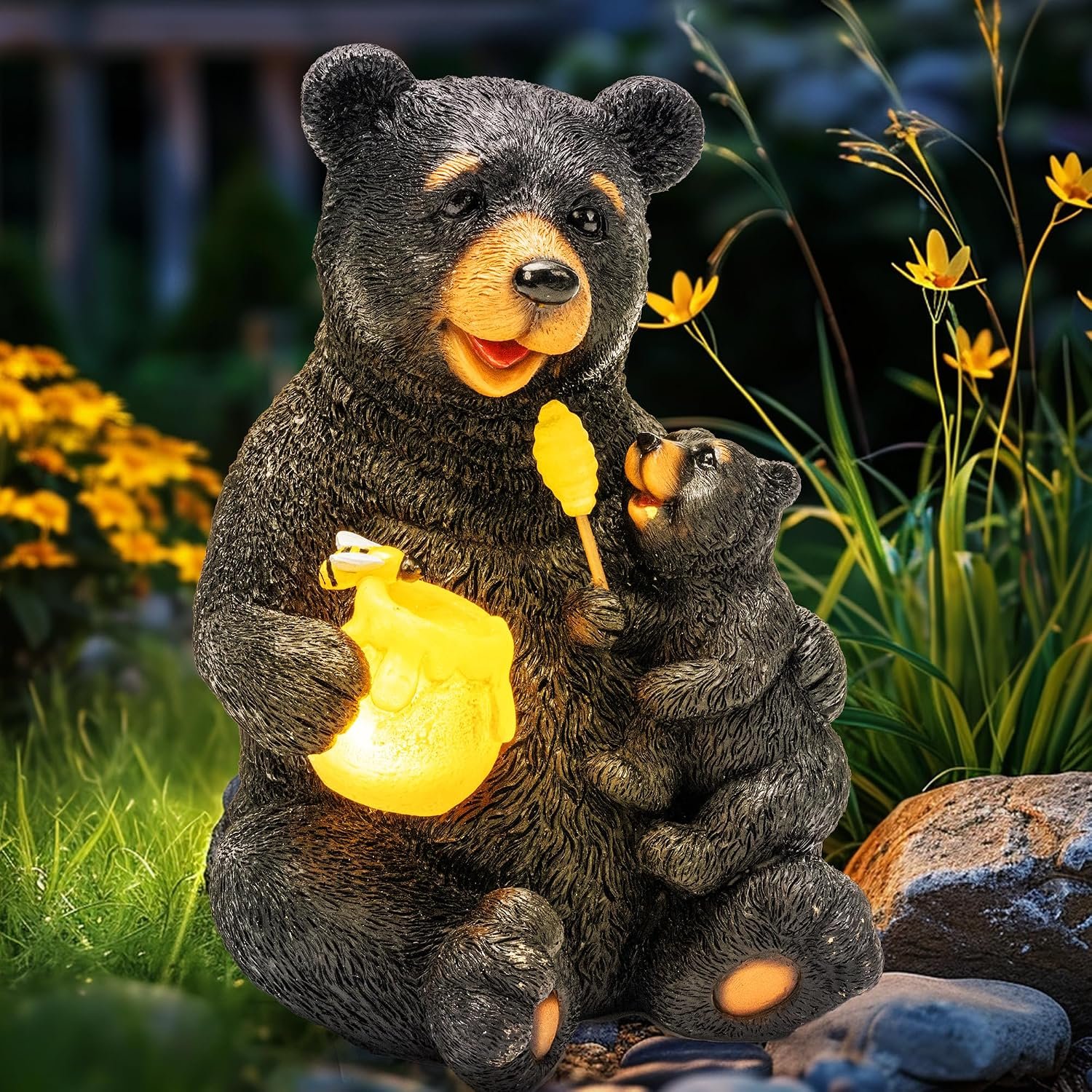 GIGALUMI Solar Garden Statues Bears 9″ Black, Yard Decorations Outdoor | Loving Black Bear Decor, Bear Figurine Lights for Outside, Garden Decor Unique Birthday Housewarming Gifts for Women, Mom