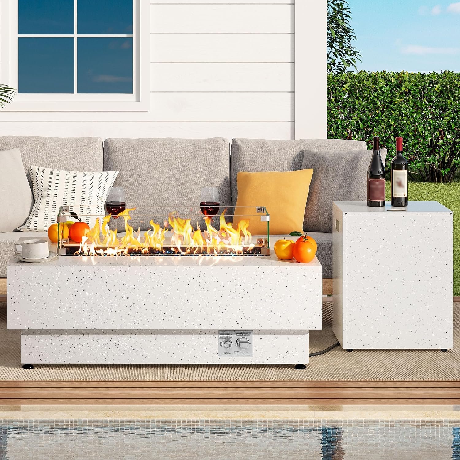 IRONCK 43-inch Outdoor Propane Fire Pit Table with Tank Table, White | CSA Certified, 2 in 1 Rectangular Patio Fire Pit w Glass Rocks, Wind Guard and Cover, 50000 BTU Outdoor Heater for Garden