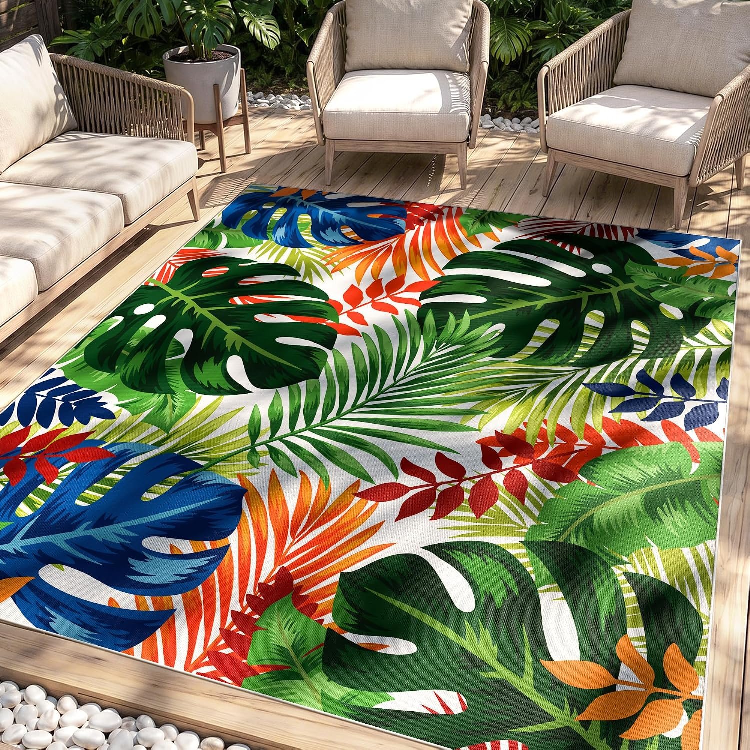 Arenarug 8×10 Monstera Tropical Outdoor Rug Waterproof, Colorful | UV & Stain Resistant, Non-Slip, Faux Linen, Machine Washable Outdoor Carpet for Patio Deck Balcony Backyard