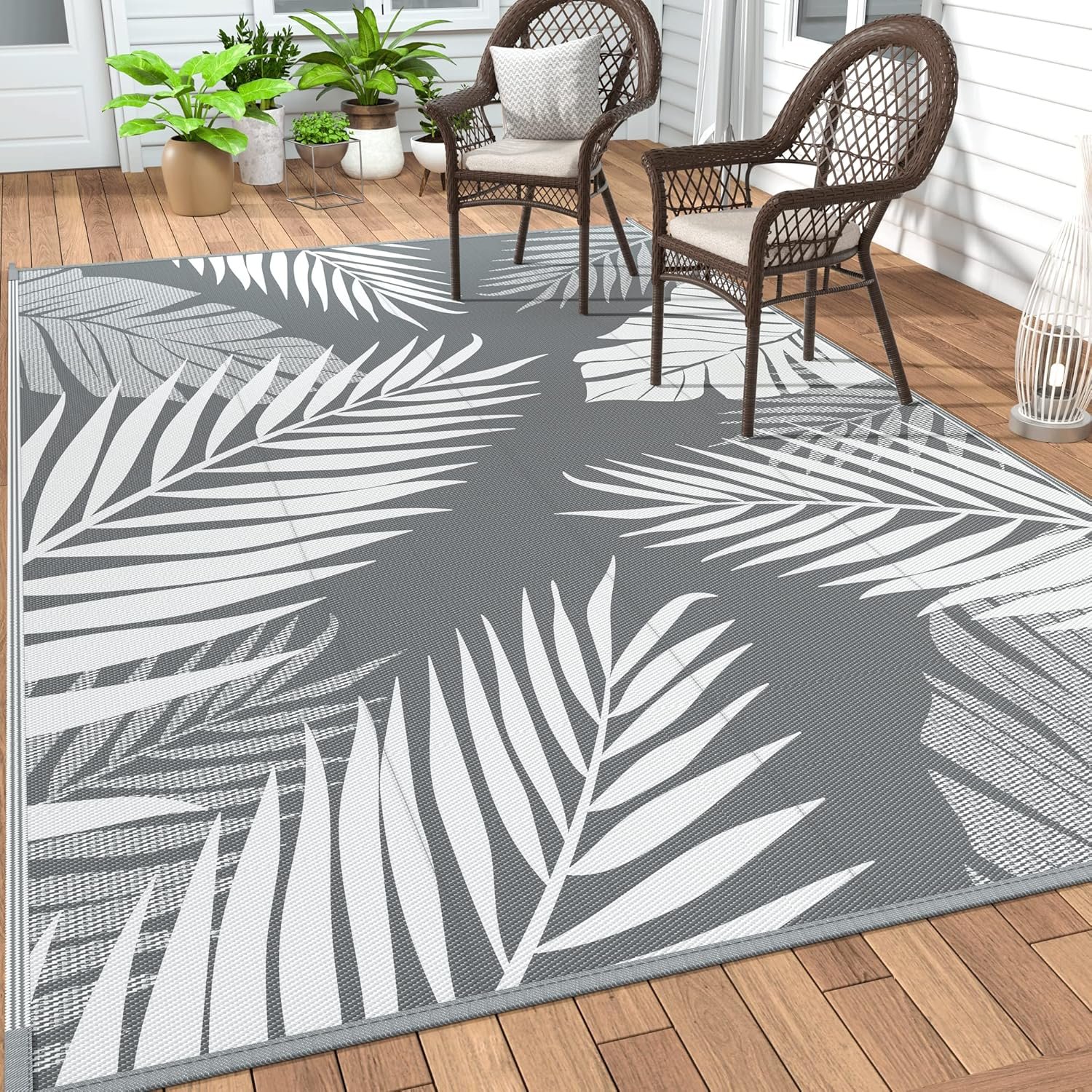 GENIMO Outdoor Rug, Waterproof Plastic Rugs for Patio, 5’x8′ Grey White | Outside Larger Leaf Carpet Mat for Porch Decor, Deck, Balcony, Camping, RV, Backyard, Picnic, Beach, Reversible, Foldable