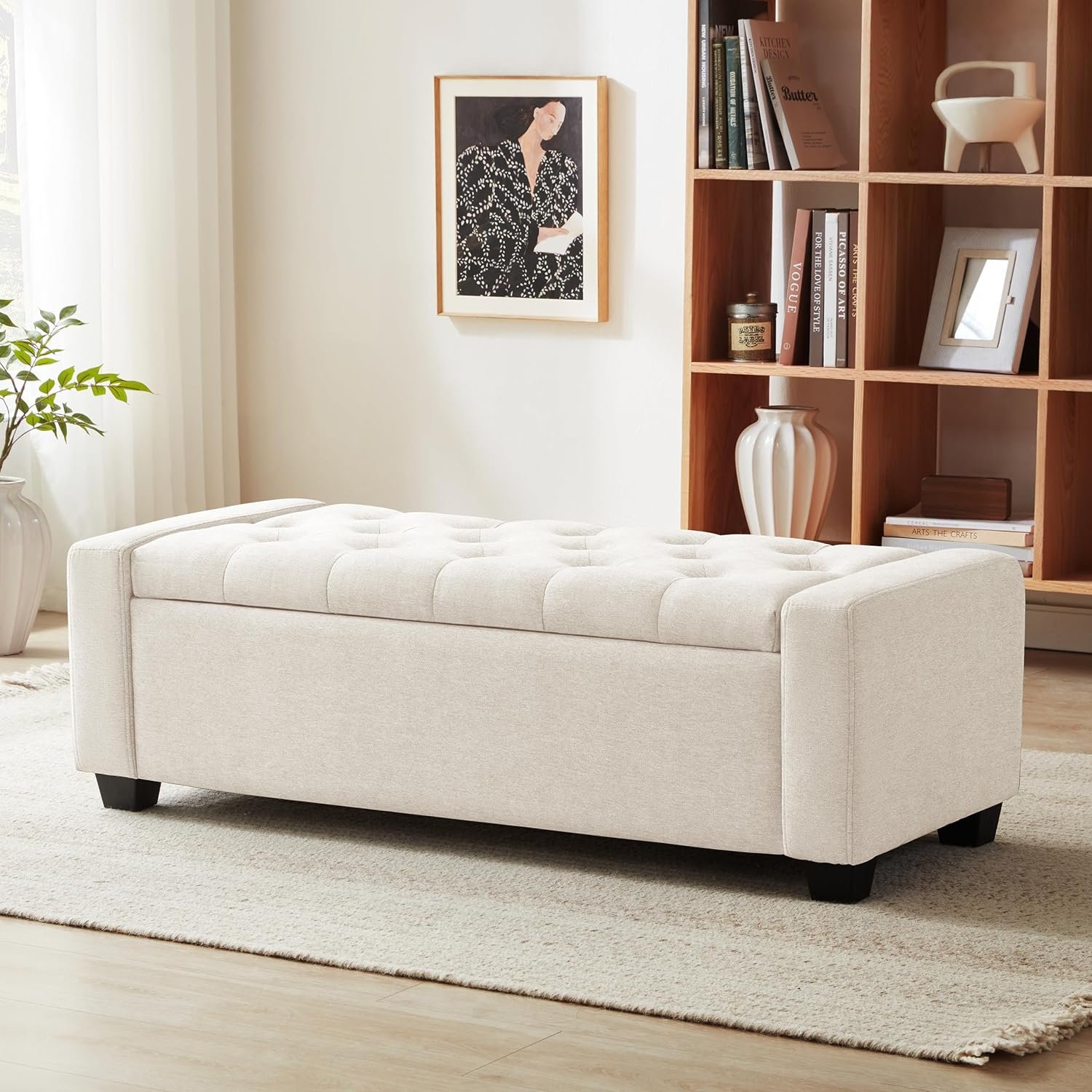 48″ Ottoman with Storage, Beige Storage Ottoman Bench | Upholstered Entryway Bench with Seating for Bedroom, Living Room, with Safety Hinge, Holds up to 330 lb