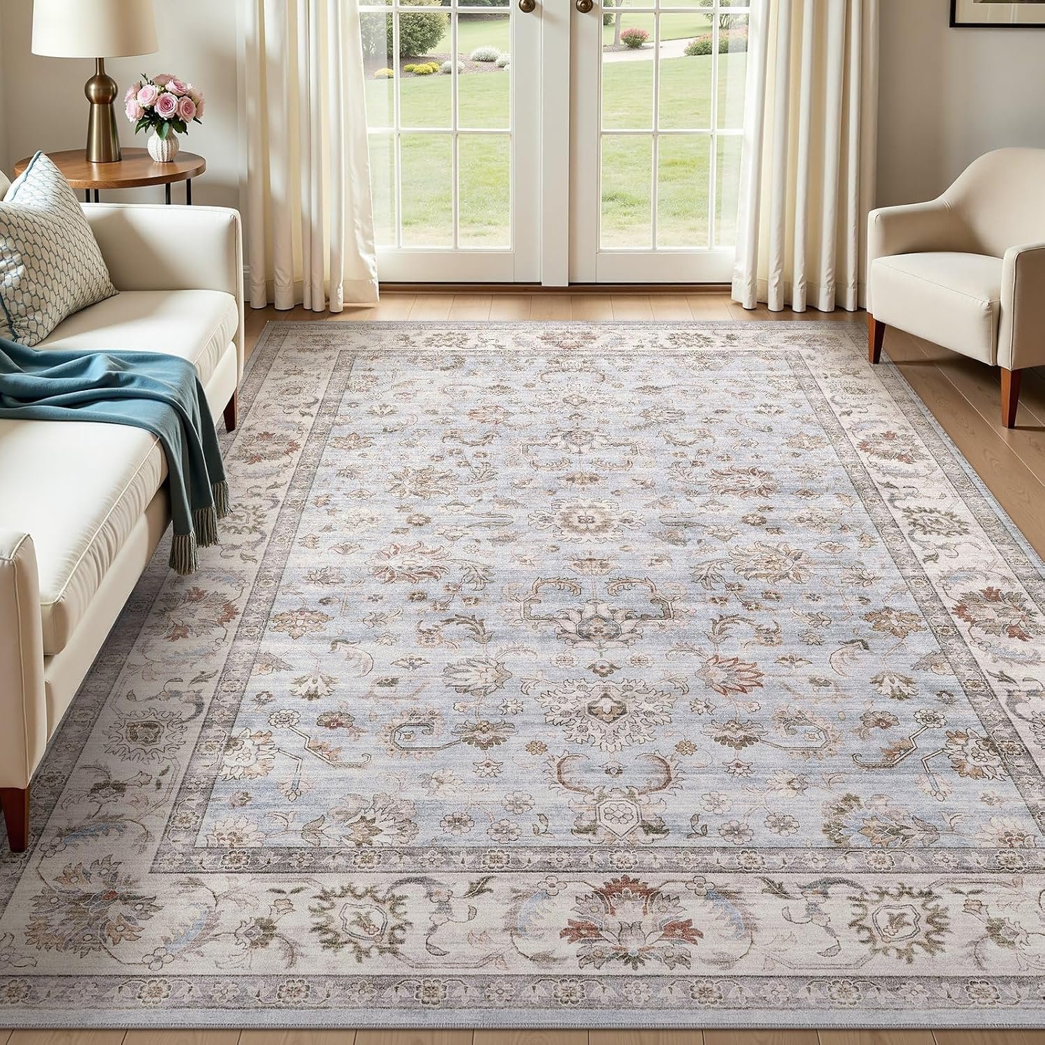 Washable Area Rug 5×7 Non-Slip Floral Boho Carpet, Gray/Light Blue | Low Pile, Soft Underfoot, Water Repellent, Pet Friendly, Vintage Rugs for Bedroom Living Room, Elevate Your Home Decor