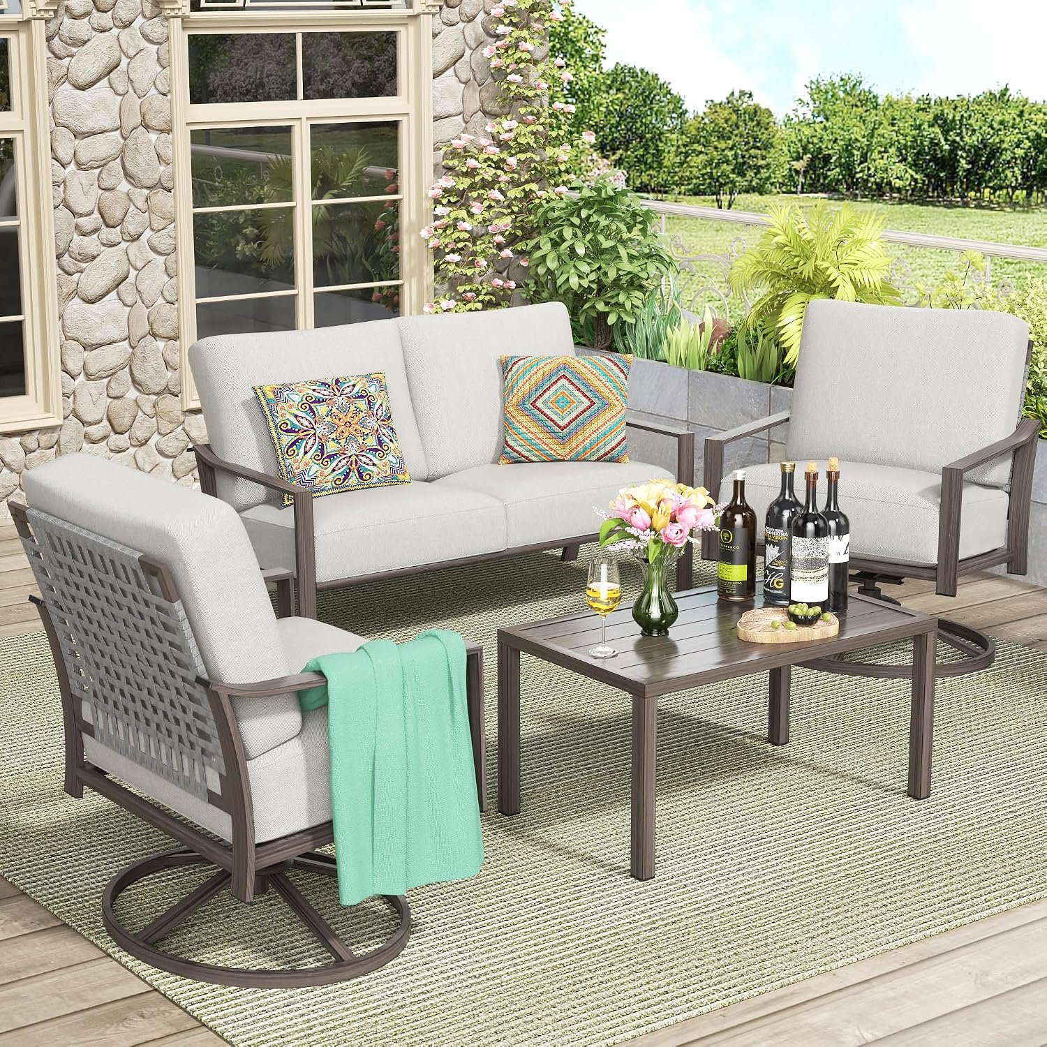 4 Piece Rope Back Patio Furniture Set, 2 Swivel Rockers | Hand-woven Rope High Back, Hand Brushed Wood Grain Frame, 2 Swivel Rocker, Curved Arm, 6” Thick Cushion, for Garden, Porch