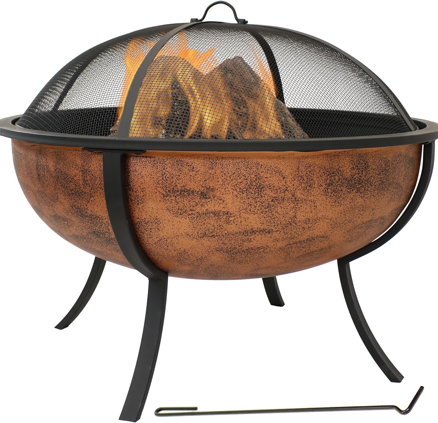 Sunnydaze Round Steel Outdoor Wood-Burning Fire Pit, 32″, Copper | Heavy Duty Metal, Easy Assembly, With Spark Screen, Grate, & Poker, Firepit Bowl for Outside Patio, Deck, Backyard, Bonfire