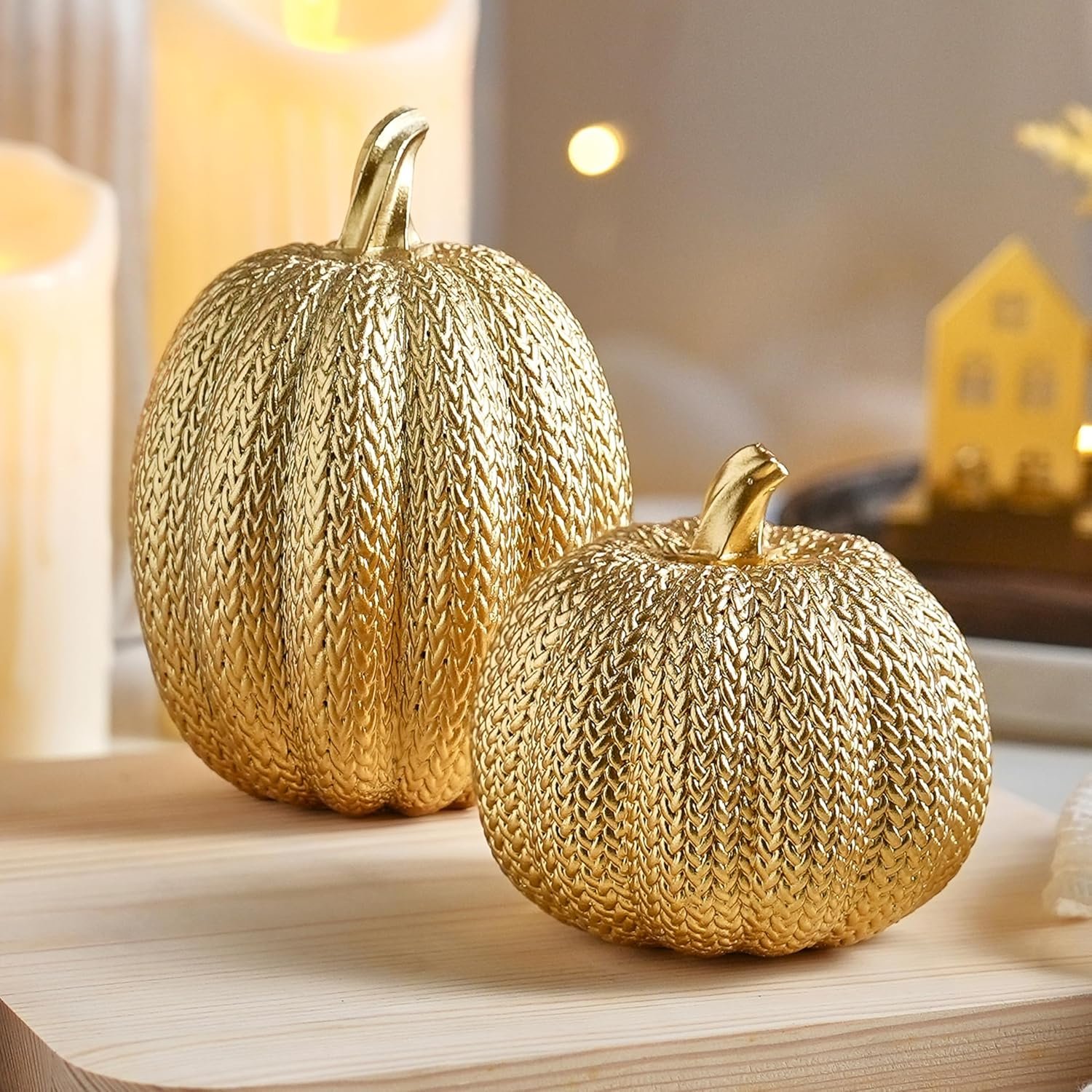 FESTGLOX Pumpkin Fall Decor Indoor, 2Pcs Resin Gold Pumpkin for Decorating | Thanksgiving Pumpkins Decor with Woven Effect for Table Centerpiece, Fireplace, Autumn Harvest Party Decorations