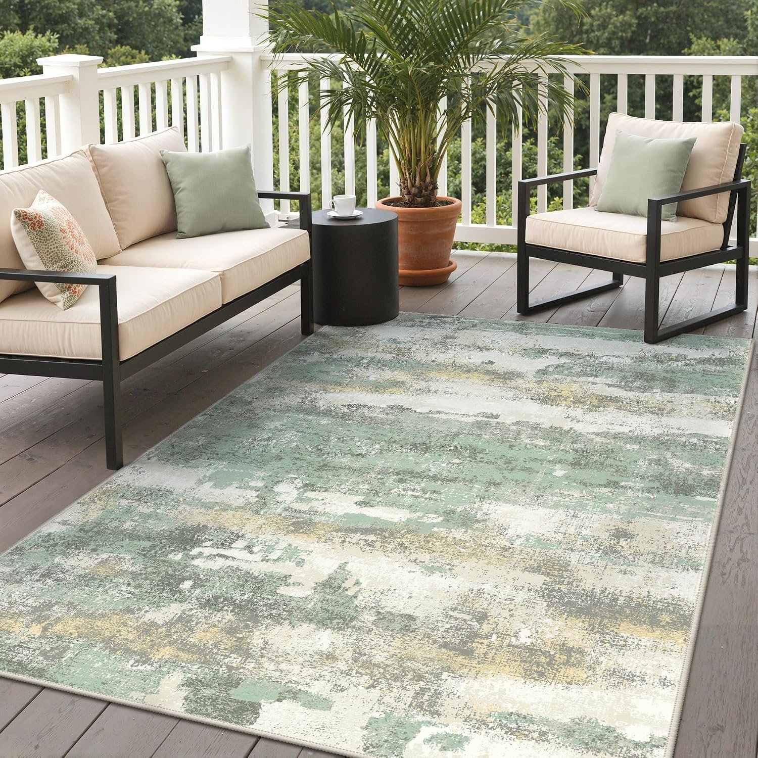 GENIMO 5×8 Outdoor Rug, Washable for Patio and Deck, Sage Green | Abstract design for porch; fade resistant chenille with quick-dry non-slip backing for indoor sunroom.