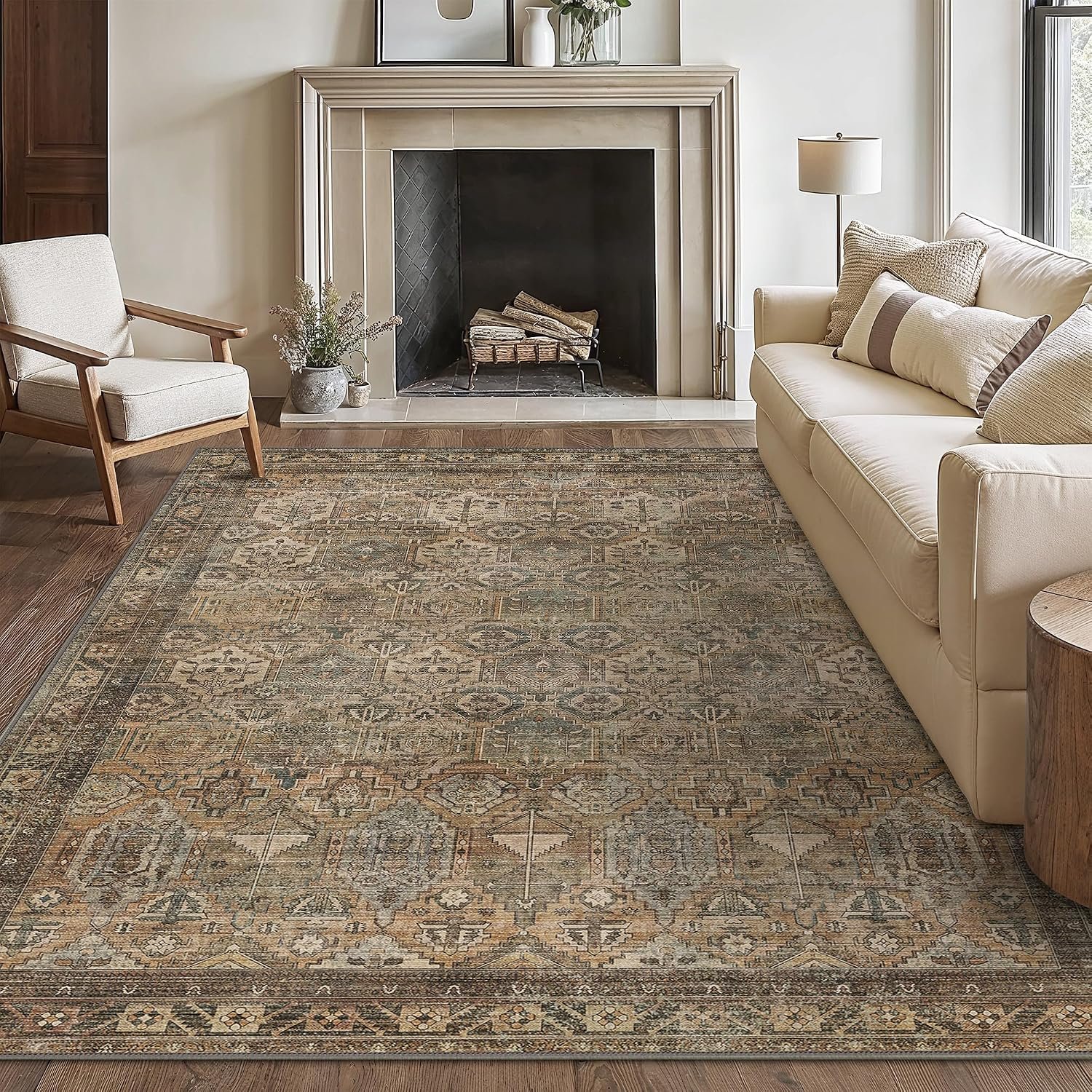 8×10 Area Rug Washable Rug for Living Room Bedroom Non Slip Carpet White | Vintage Print Carpet, Low Pile Lightweight Rugs with Non Slip Backing for Home Office Dining Room
