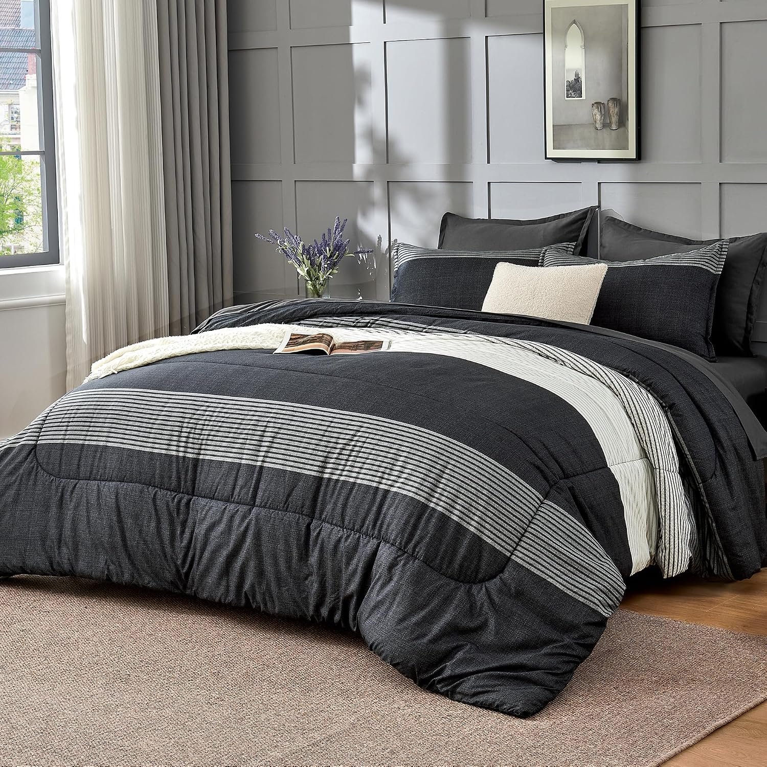 Queen Comforter Set, Black White Grey, 7 Pieces | Bed in a Bag Queen, Soft Lightweight Reversible Bedding Set with Striped Comforter, Fitted & Flat Sheet, Pillowcases & Shams