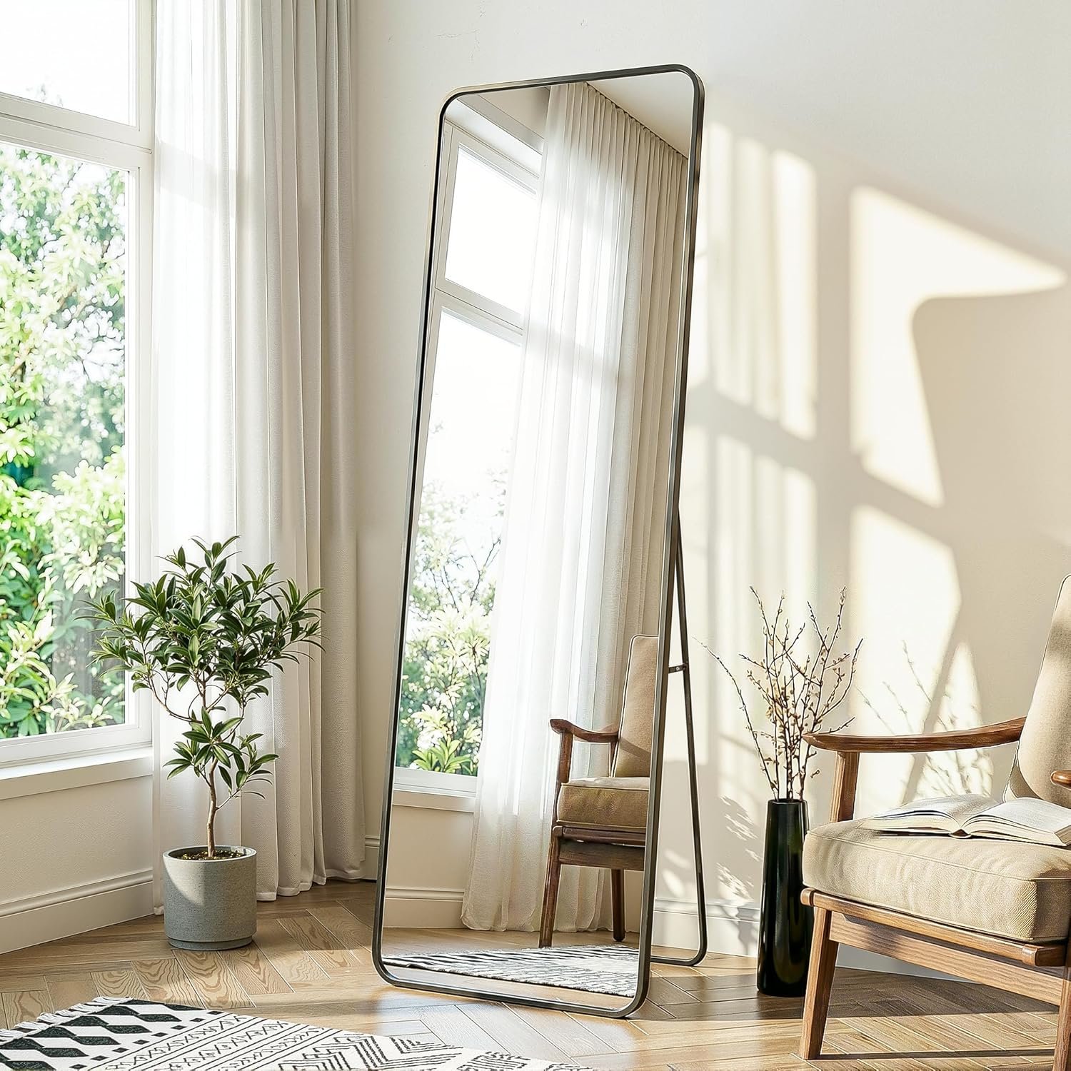 Full Length Mirror, Black | Floor Standing Full Body, Wall Mounted, Freestanding or Leaning, Rounded Corners Rectangle Design
