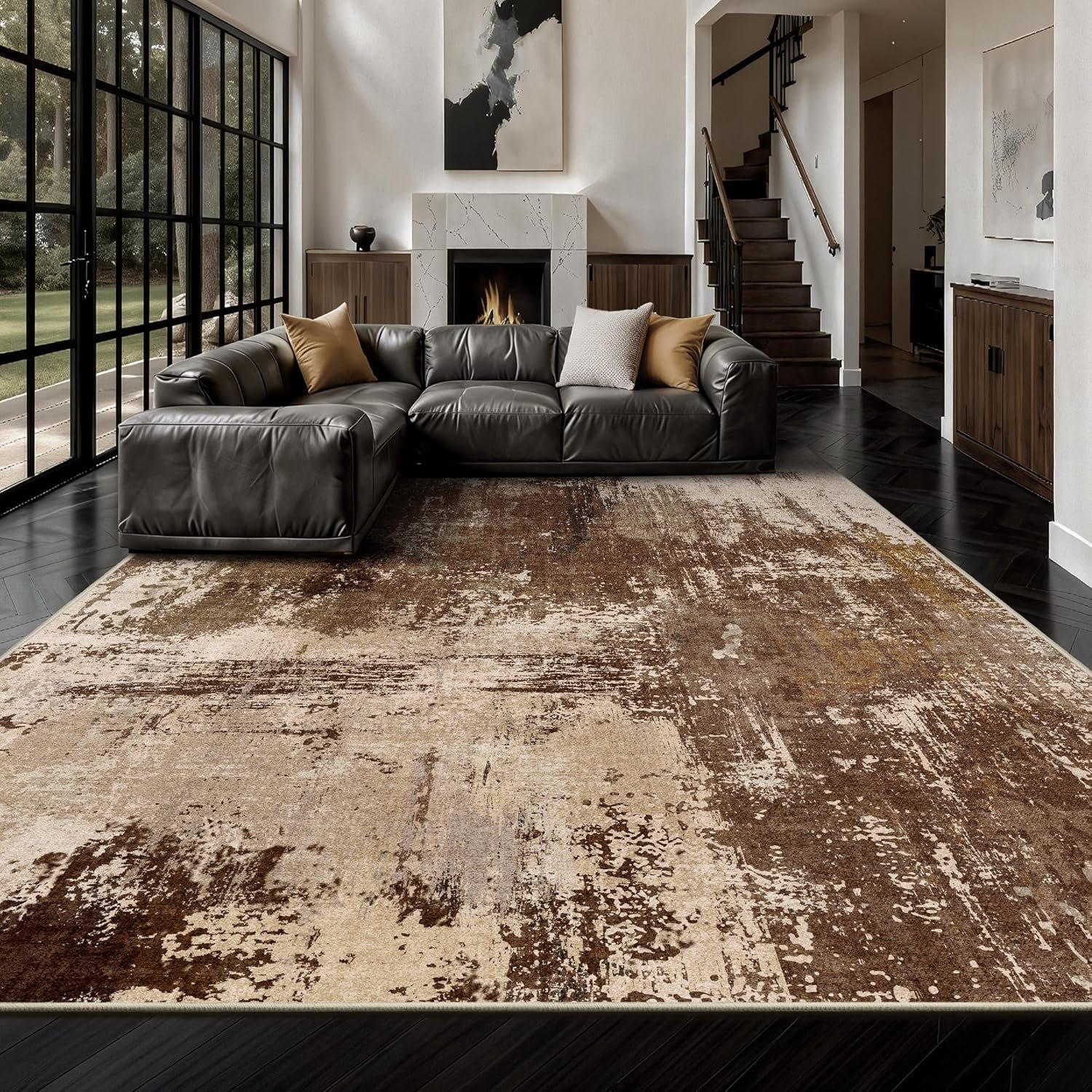 8×10 Rugs for Living Room – Modern Abstract Washable Rug, Ultra Soft Non Slip Low Pile Large Rugs, Floor Carpet for Bedroom Dining Room Office Laundry Nursery Home(A-Brown)
