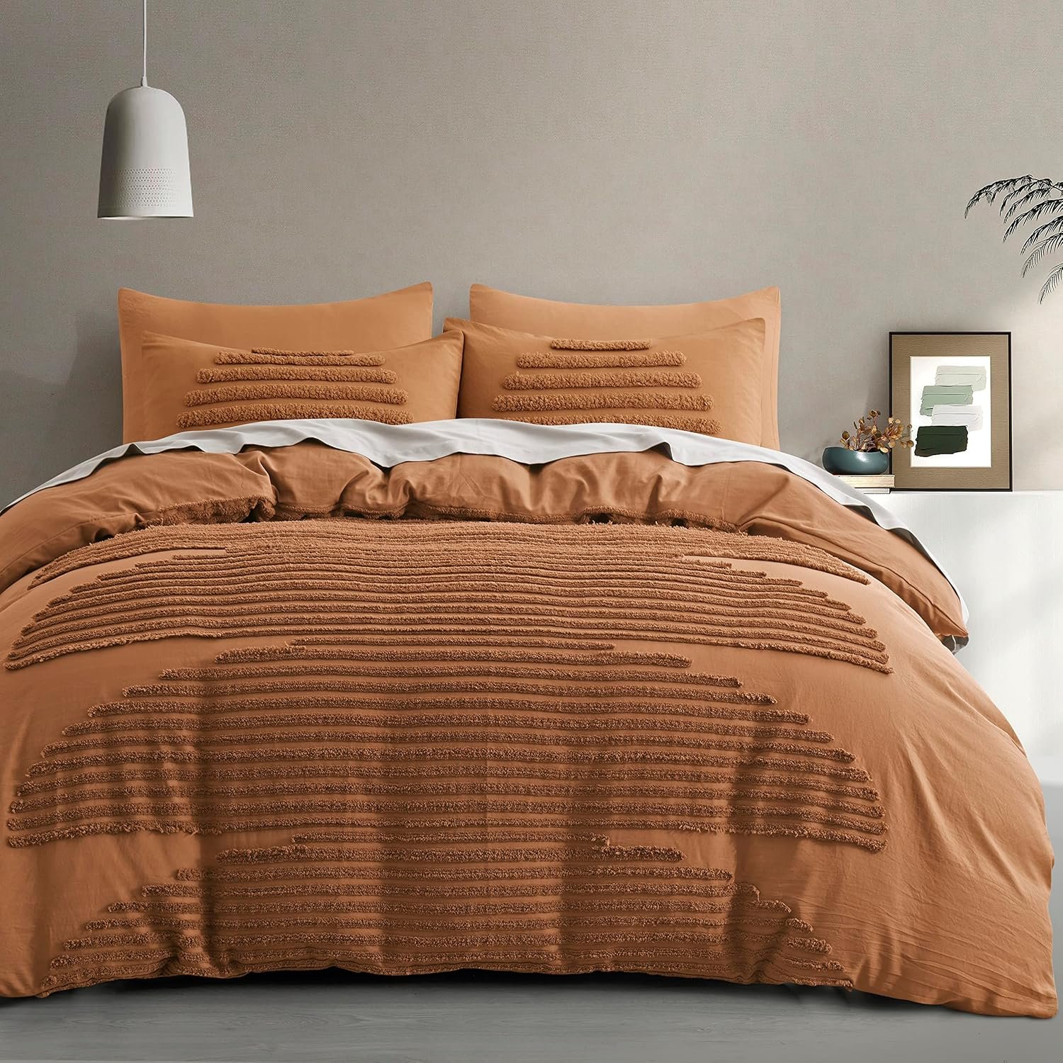 BEDAZZLED Queen Size Duvet Cover, Pumpkin Brown, 5 Pieces, Microfiber | Textured Duvet Cover Sets, Soft and Breathable, Boho Tufted Bedding Comforter Cover Set for Gifts, Comforter Not Included