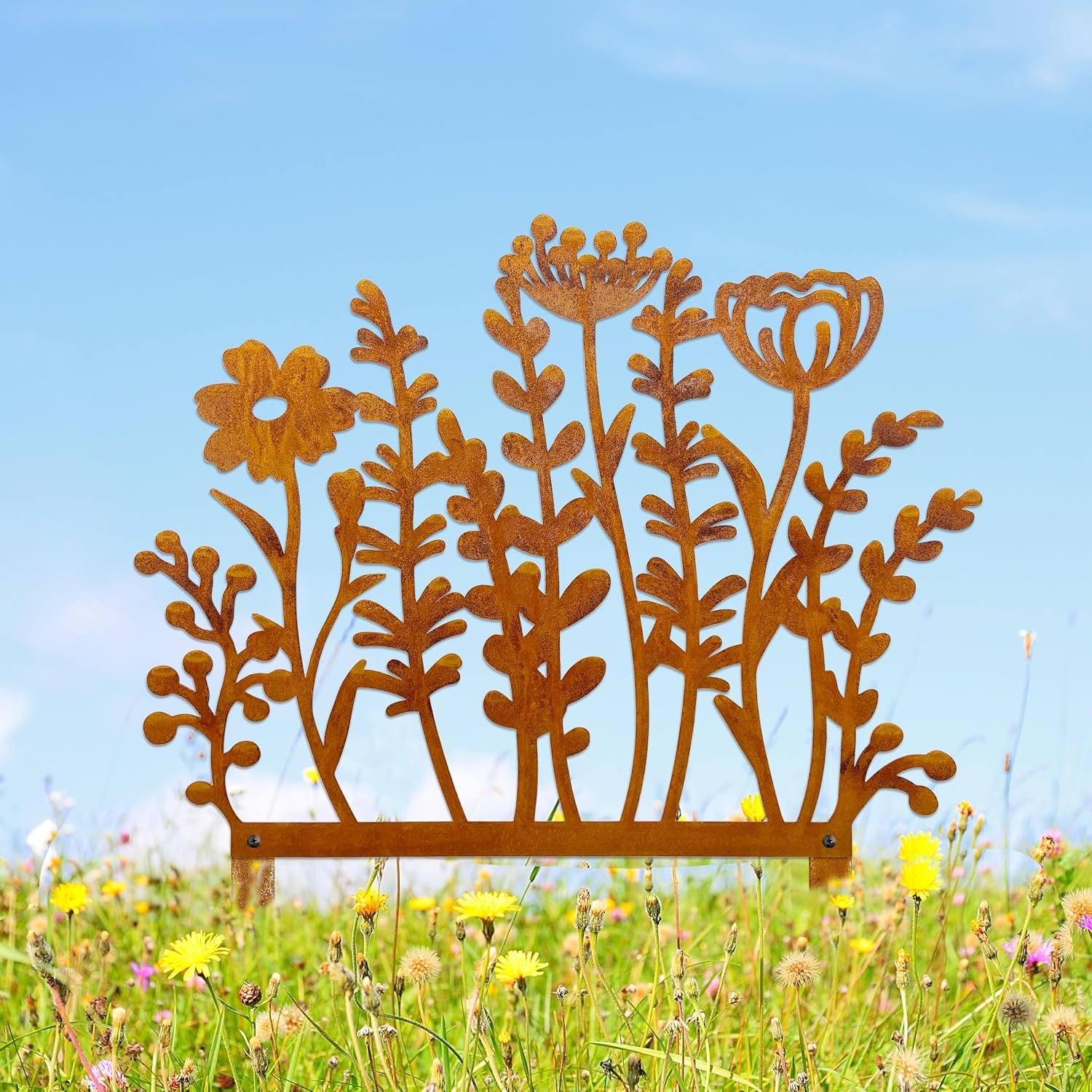Decorative Metal Wild Flowers Garden Stakes, Rusty Metal Flower for Outside | 14.4 * 14.0 inches Metal Flowers Yard Art, Fence Topper Decor, Lawn Art Decor Plants Yard Decorations for Outdoor