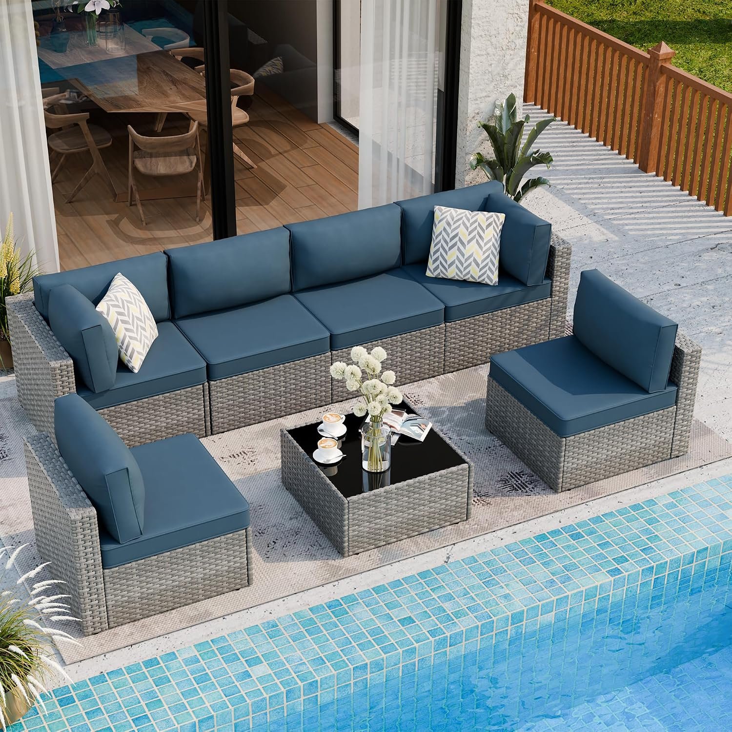 7 Piece Outdoor Patio Furniture Set with Silver PE Rattan, Navy Blue | All Weather Conversation Furniture with Washable Cushions Glass Coffee Table for Backyard Poolside Garden