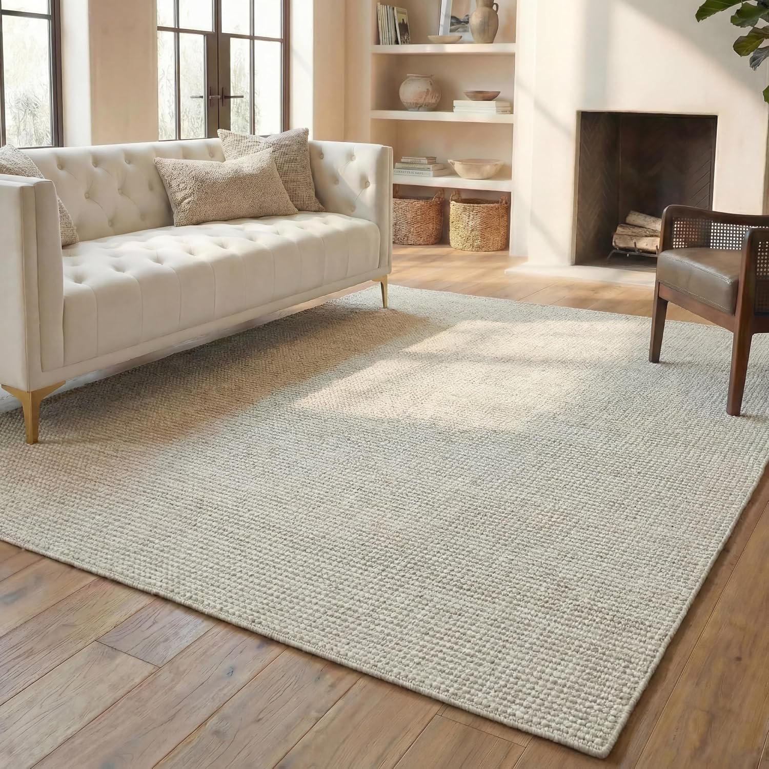 SAFAVIEH Area Rug 8×10 – Natura Collection – Large – Silver & Ivory, Handmade Wool, Ideal for Living Room, Bedroom, Dining Space (NAT801G)