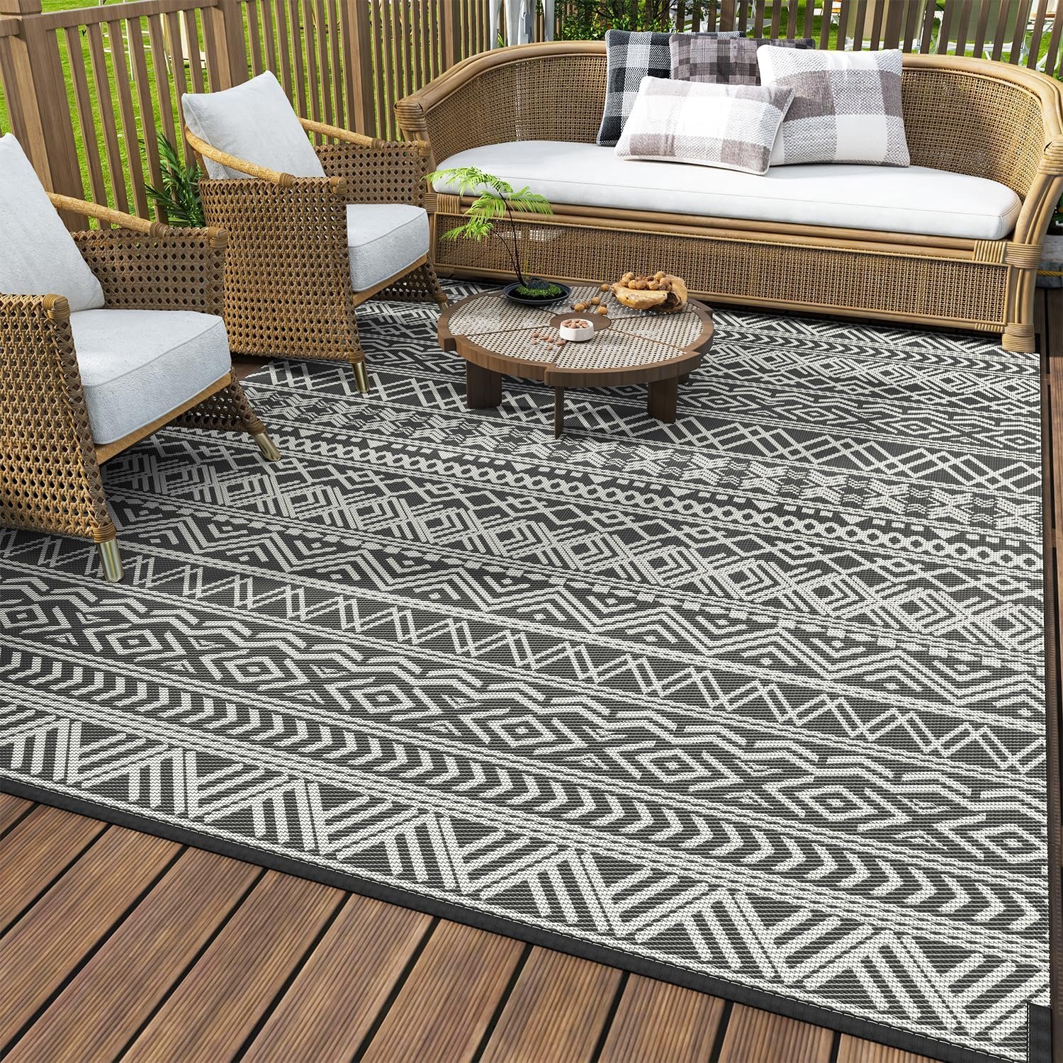MontVoo Outdoor Rug 8×10 Waterproof Outdoor Patio Rug Mat Reverisble Plastic Straw Outdoor Rug for RV Camping Picnic Beach Balcony Boho Grey