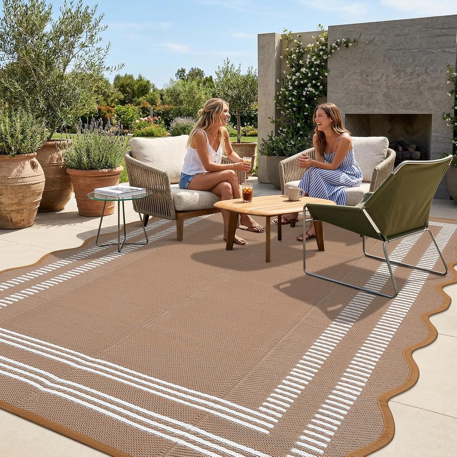 Garvee Waterproof Outdoor Rug 8×10, Scalloped Geometric Foldable Plastic Straw Patio Camping Rug, Outdoor RV Carpet for Deck Camper Porch Balcony Backyard Picnic Beach Brown and White