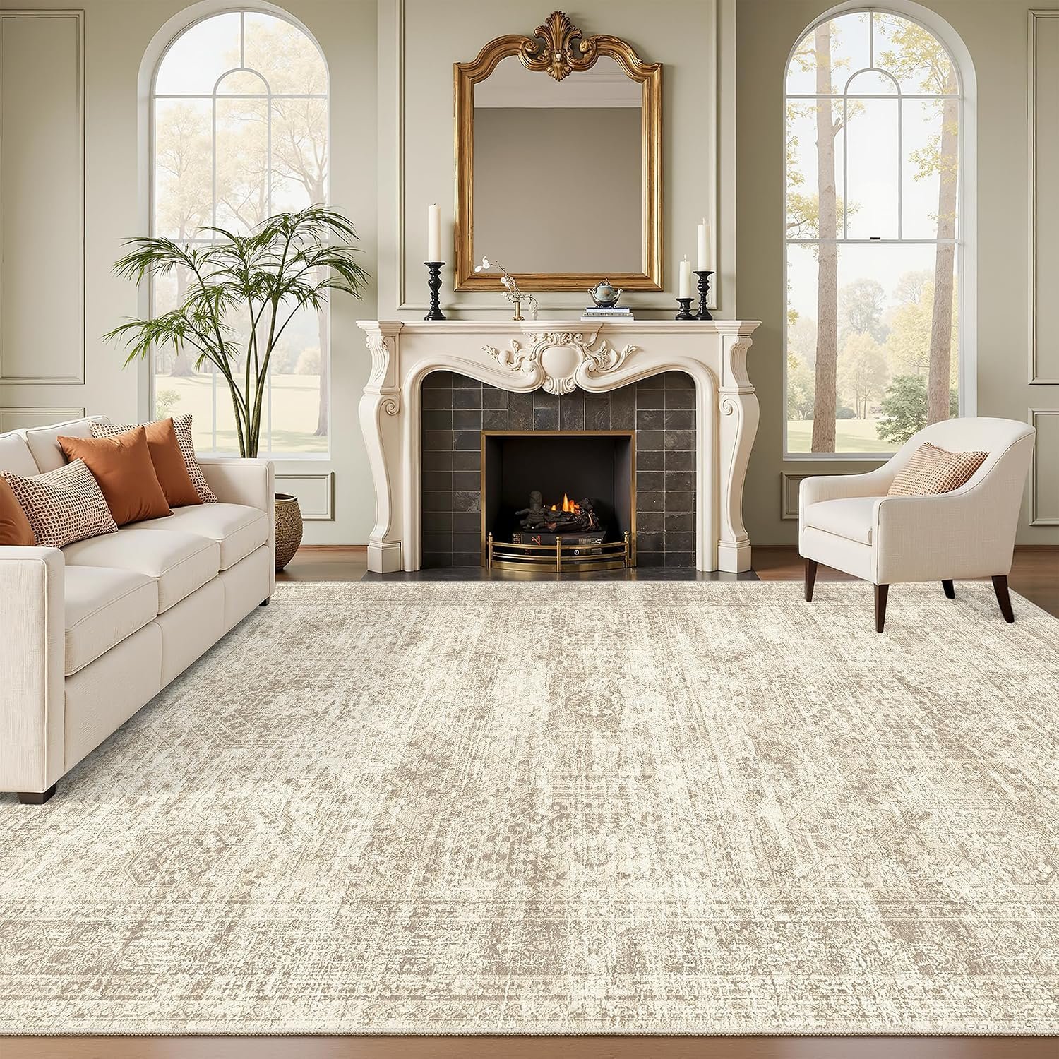 Soalmost Washable Area Rug 8×10 Large Soft Beige Rugs for Living Room | Vintage Non-Slip Carpet for Dining Bedroom, Stain Resistant Low Pile Foldable Lightweight Floor Mat Under Table Home Decor