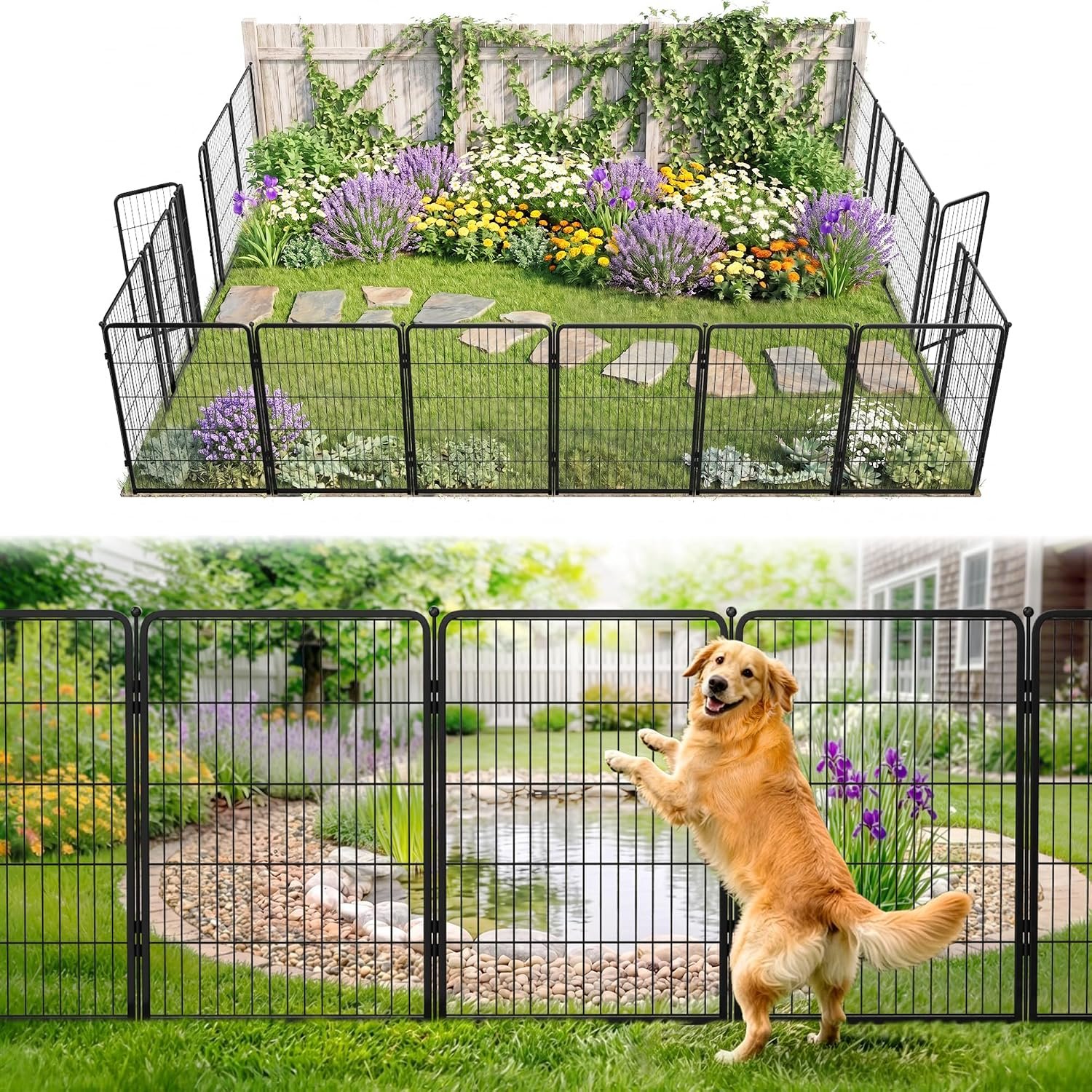 FXW No Dig Garden Fence, Outdoor for Yard, 40in(H) x 36.4ft(L), 16 Panels | Heavy-duty Metal Animal Barrier, Dog-friendly yard, Flower bed protection, Flexible layout, Decorative