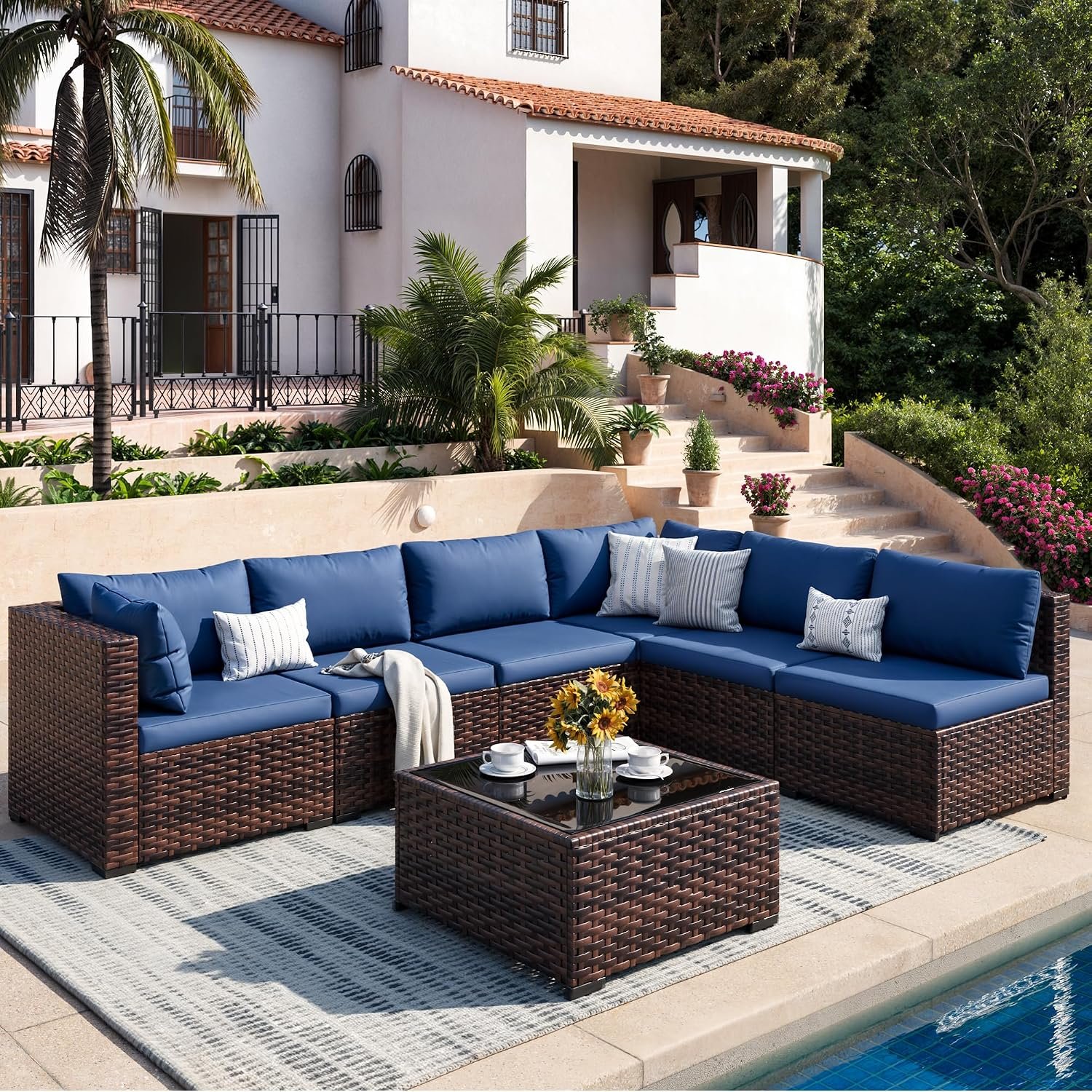 Patio Furniture Set, 7-Piece Outdoor Sectional Rattan Sofa,Navy Blue | with Coffee Table