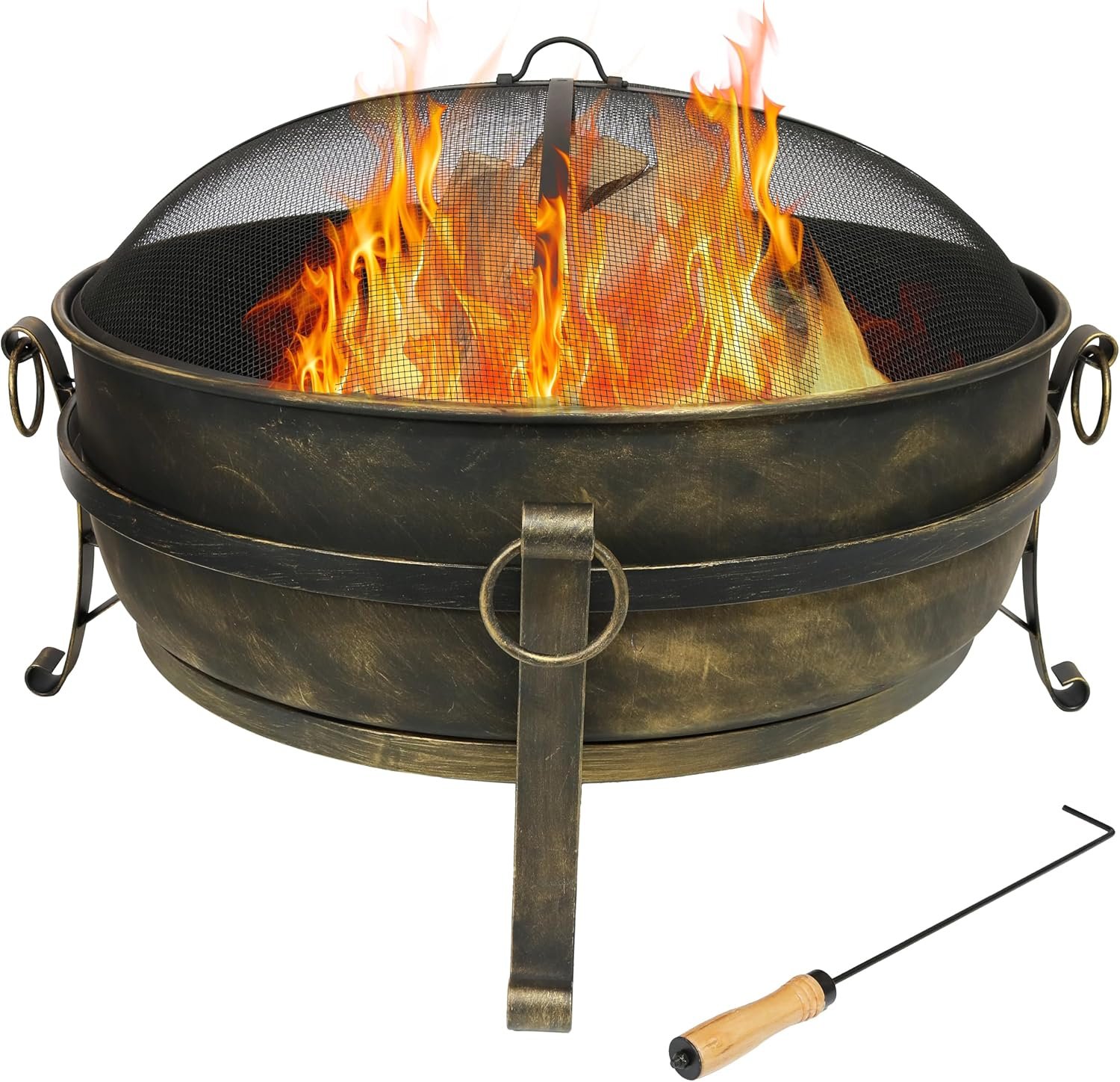 Sunnydaze Large Fire Pit, Wood Burning, Heavy Duty Steel, Dark Bronze, 34″ | Cauldron Style, Includes Spark Screen, Poker Tool, & Wood Grate, Outdoor Firepit Bowl for Patio or Deck, Backyard Bonfire Pit