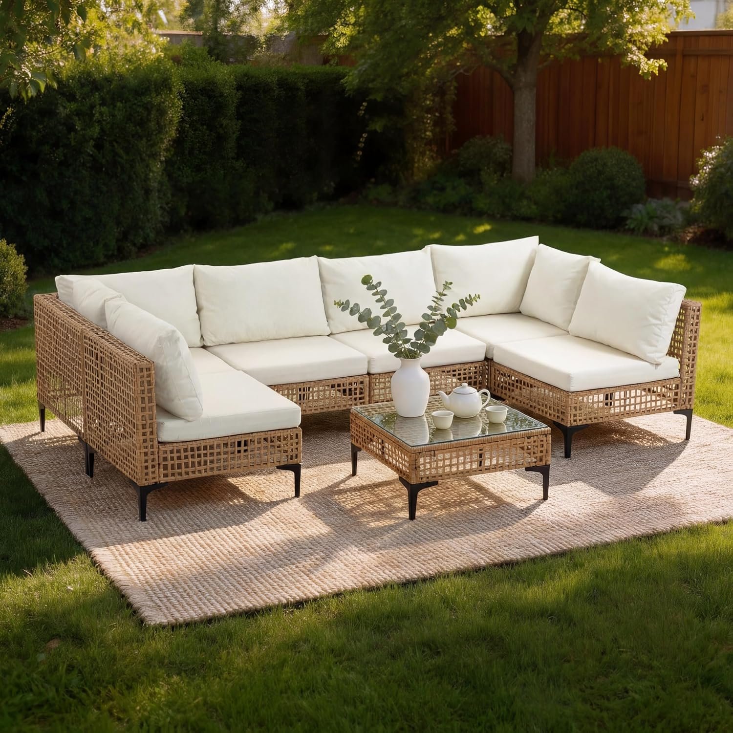 7 Piece Outdoor Patio Furniture Set with Coffee Table – Beige | All Weather, Wicker Rattan Sectional Conversation Sofa Set, Water Resistant Cushions, for Paito, Lawn, Garden, Beige