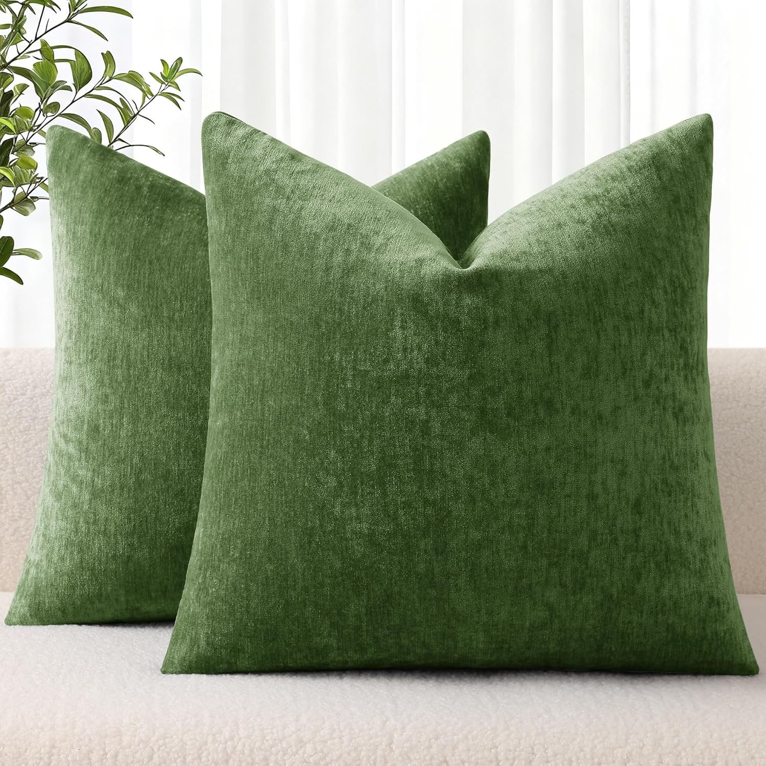 decorUhome Soft Chenille Moss Green Throw Pillow Covers 18X18 Set of 2 | Decorative Fall Couch Pillow Covers Solid Dyed Accent Modern Farmhouse Neutral Square Pillow Cases for Sofa